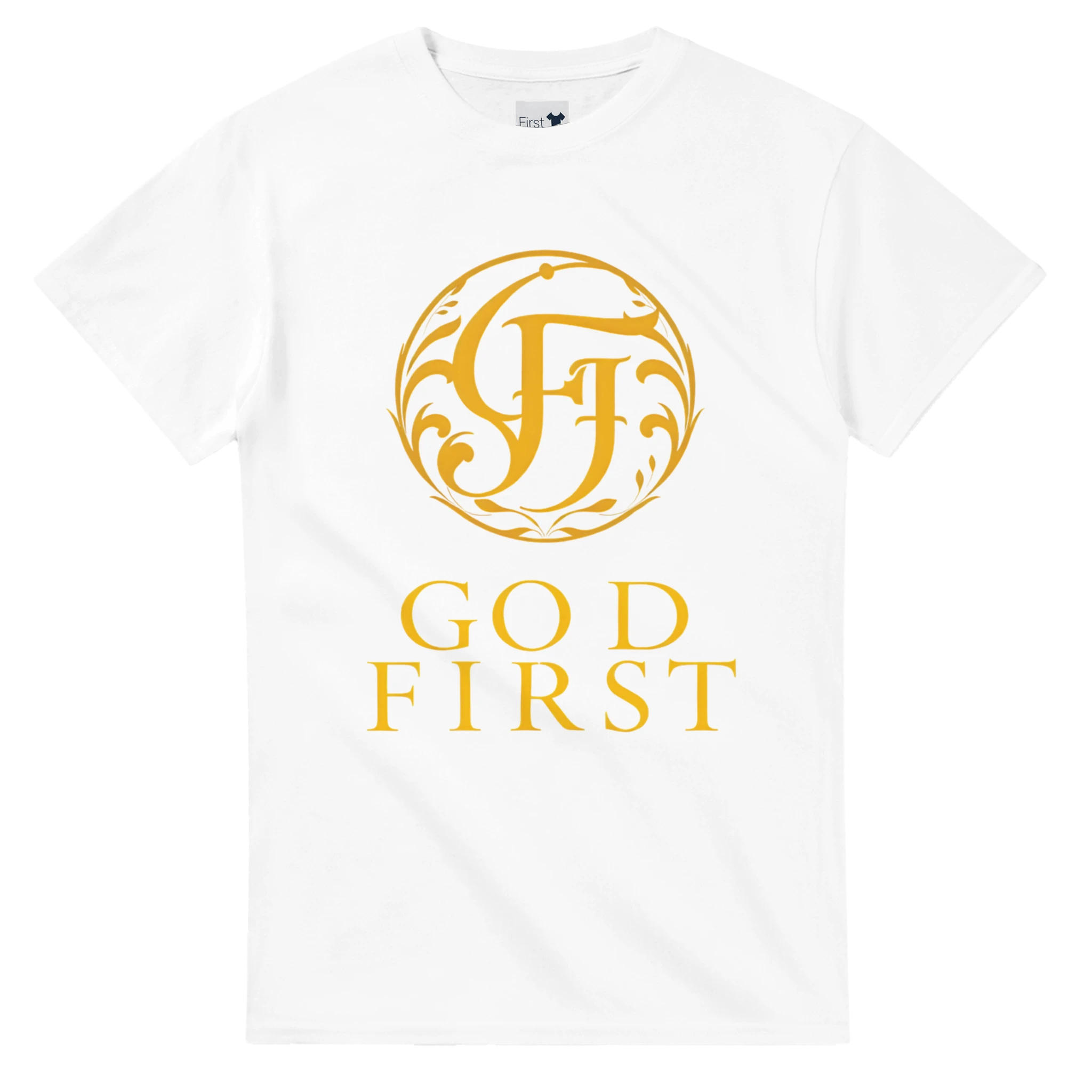 White t-shirt with gold logo and 'GOD FIRST' text on a white background