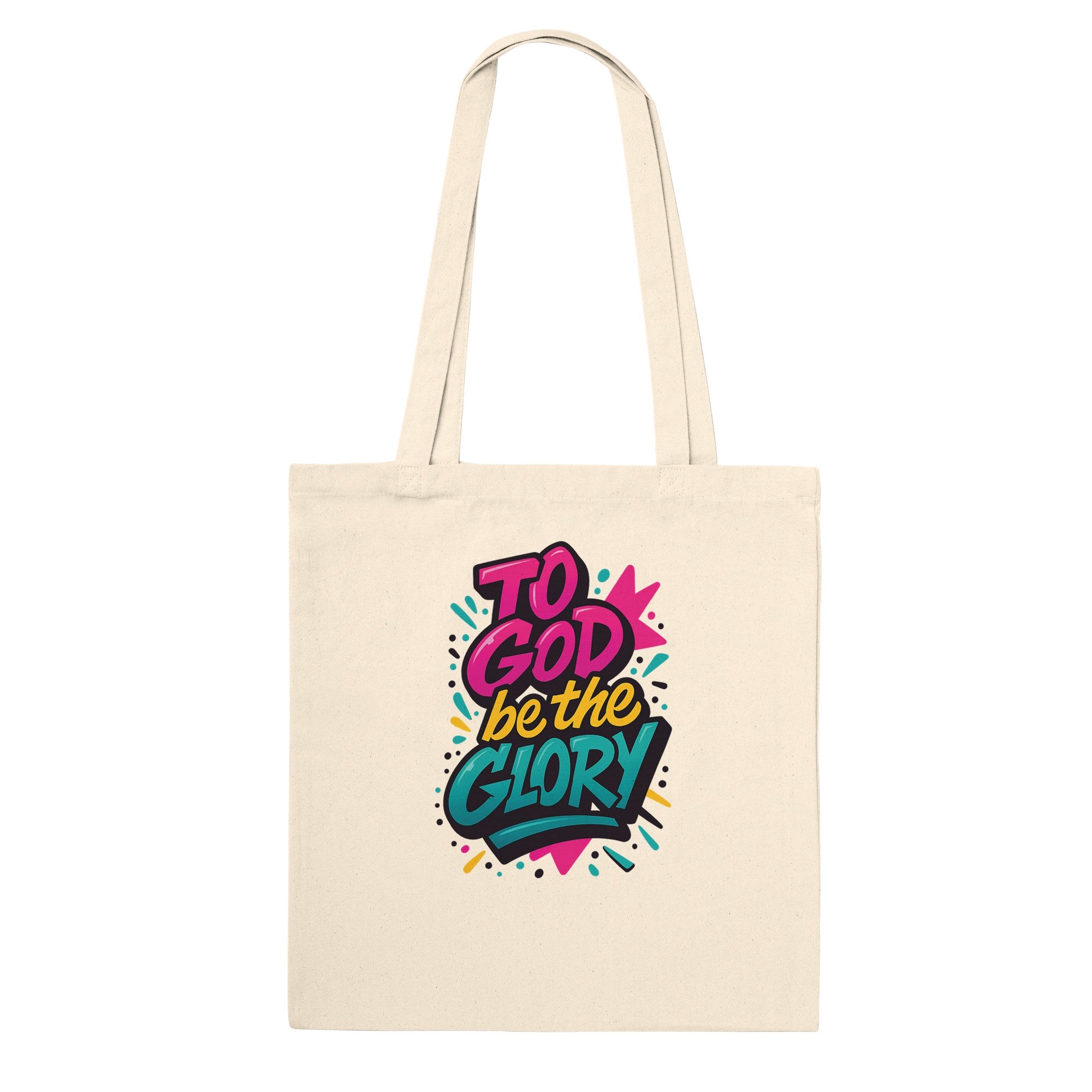 Beige tote bag with colorful 'To God be the Glory' text design on a white background