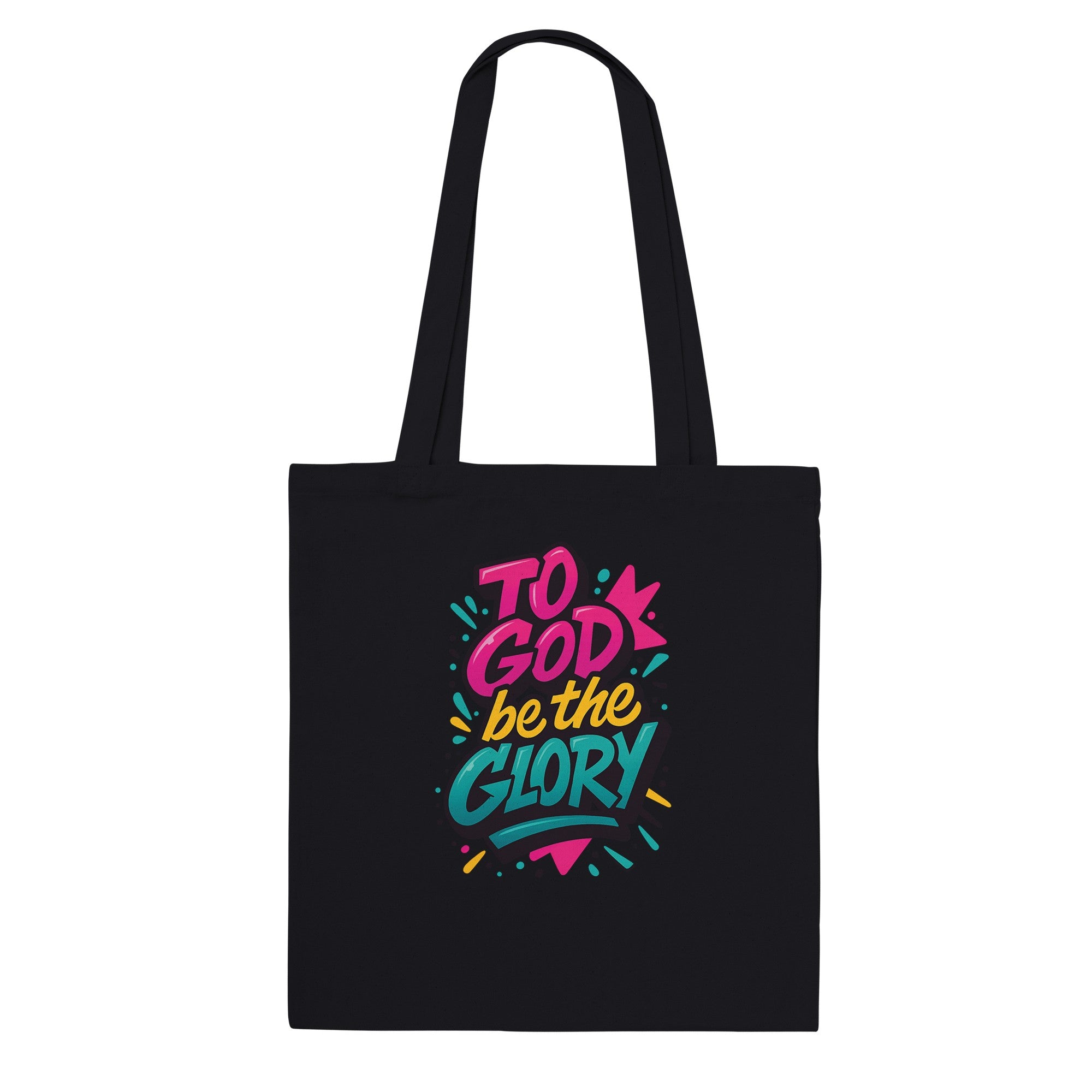 Black tote bag with colorful 'To God be the Glory' text design on a white background