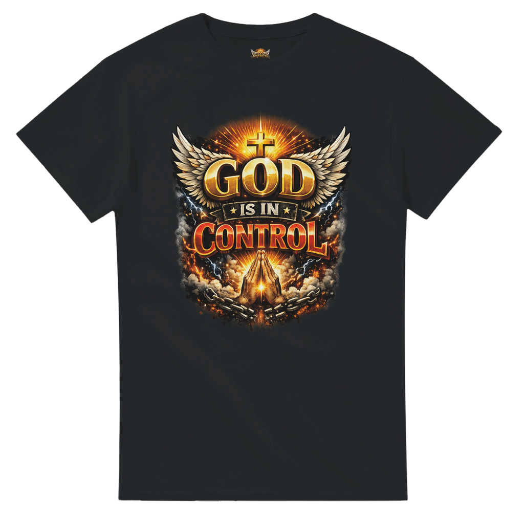 Black t-shirt with 'God is in Control' graphic design on a white background