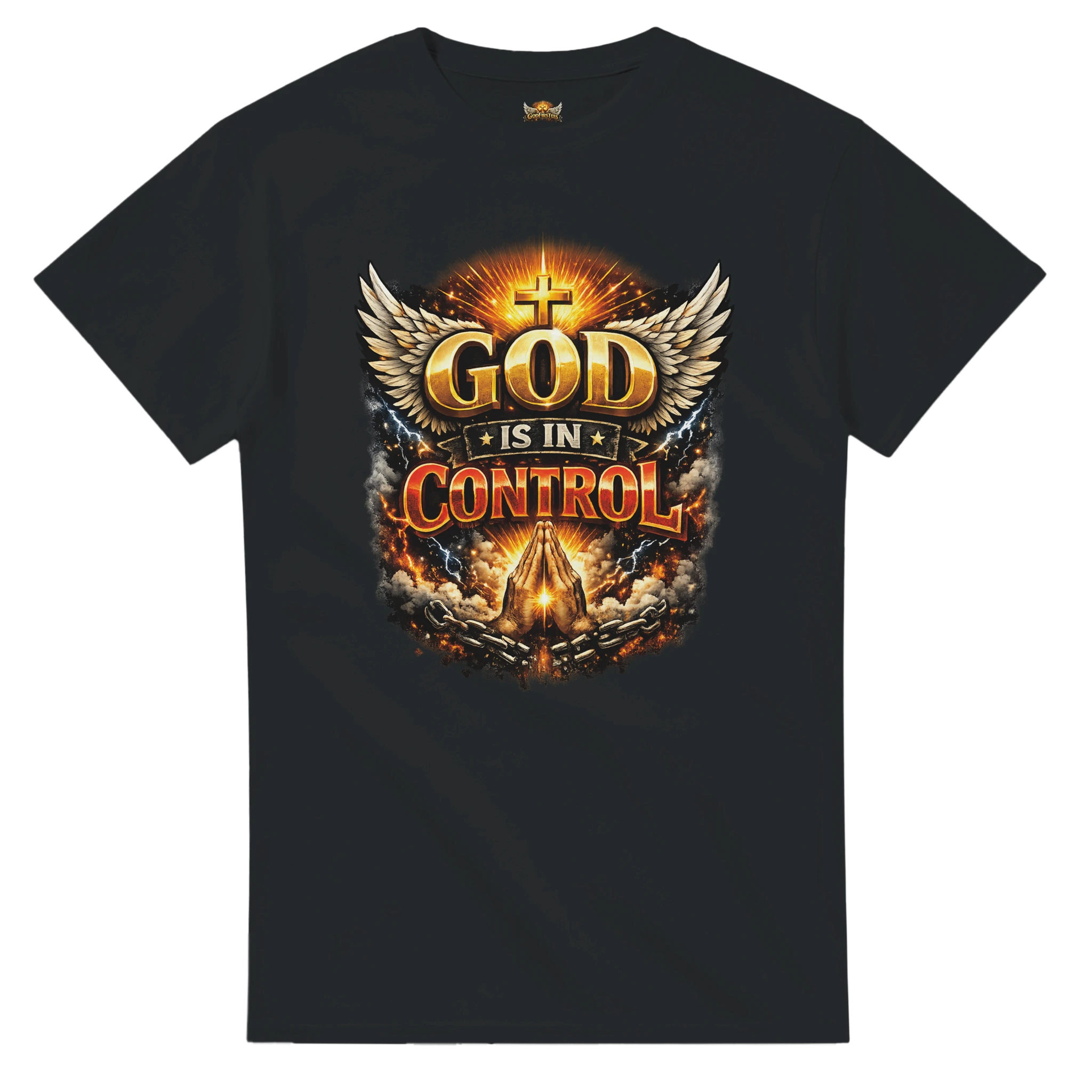 Black t-shirt with 'God is in Control' graphic design on a white background
