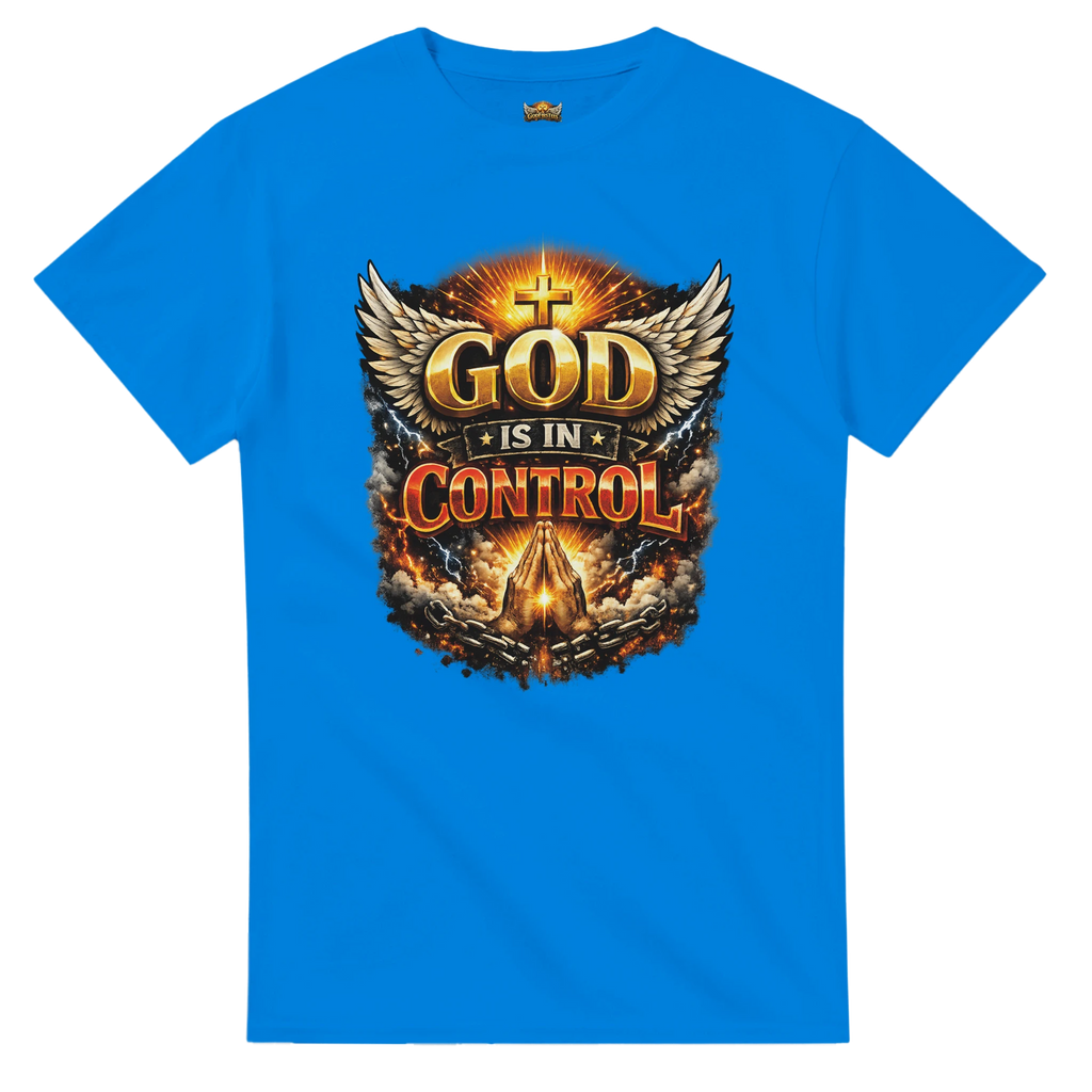Blue t-shirt with 'God is in Control' graphic design on a white background