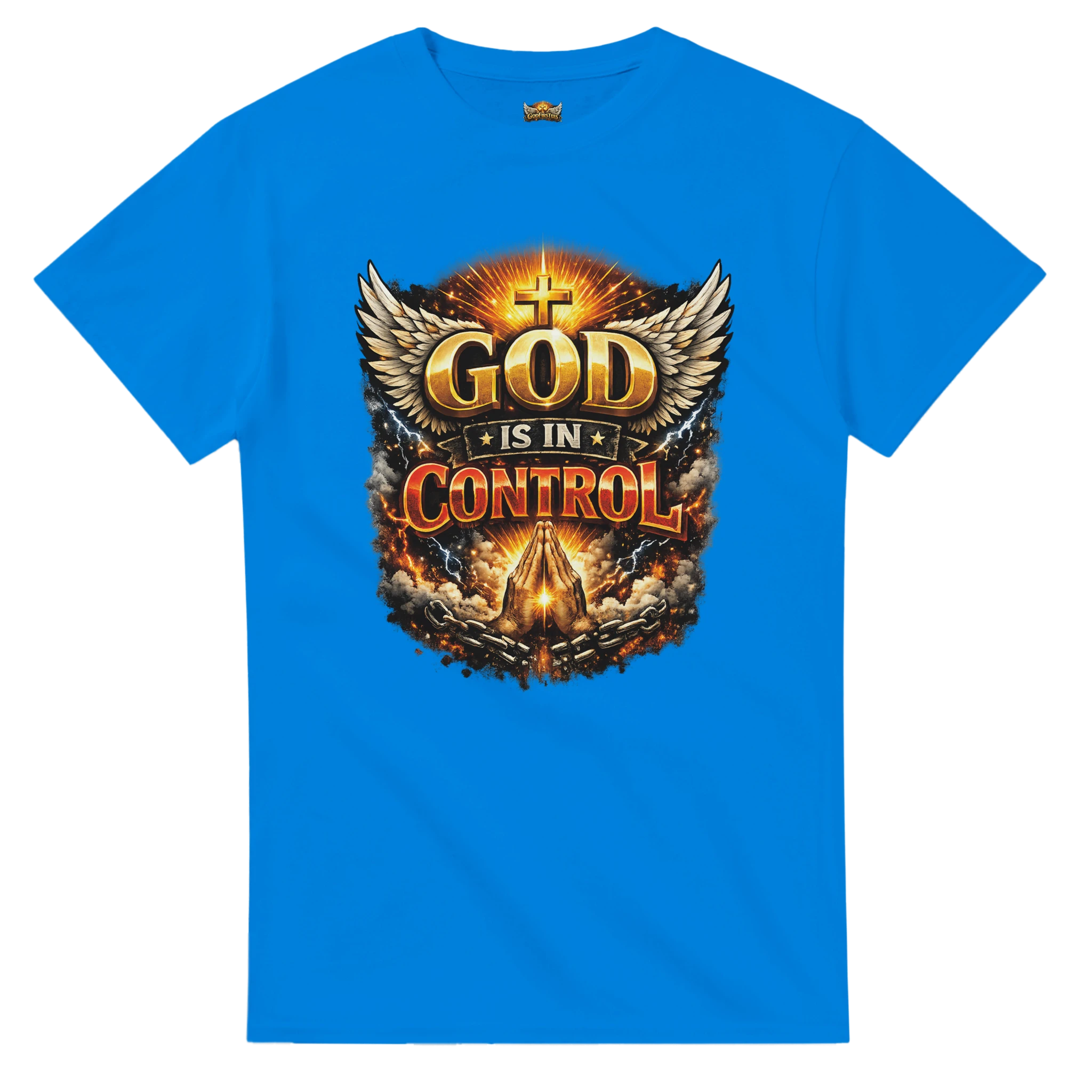 Blue t-shirt with 'God is in Control' graphic design on a white background