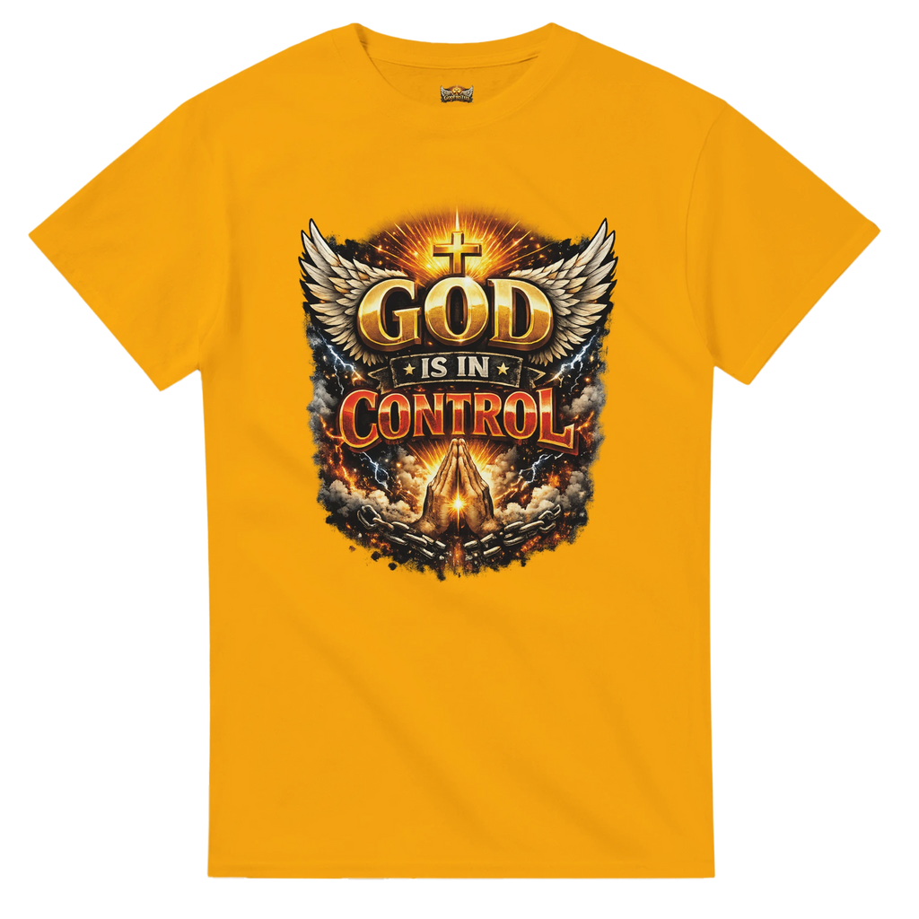 Gold t-shirt with 'God is in Control' graphic design on a white background