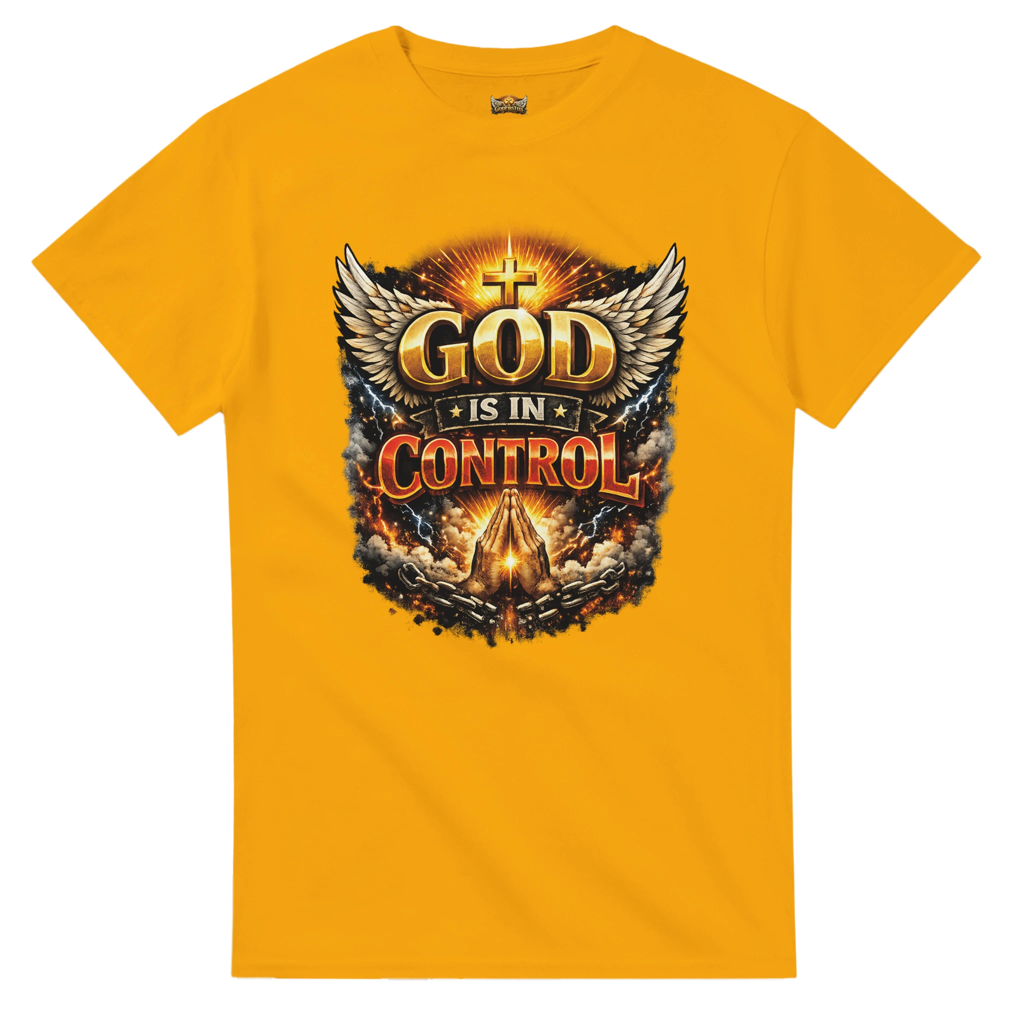 Gold t-shirt with 'God is in Control' graphic design on a white background