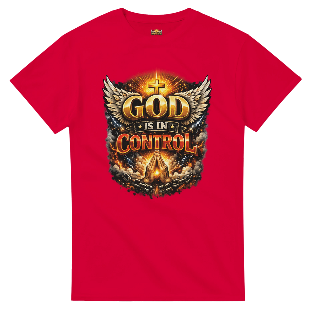 Red t-shirt with 'God is in Control' graphic design on a white background