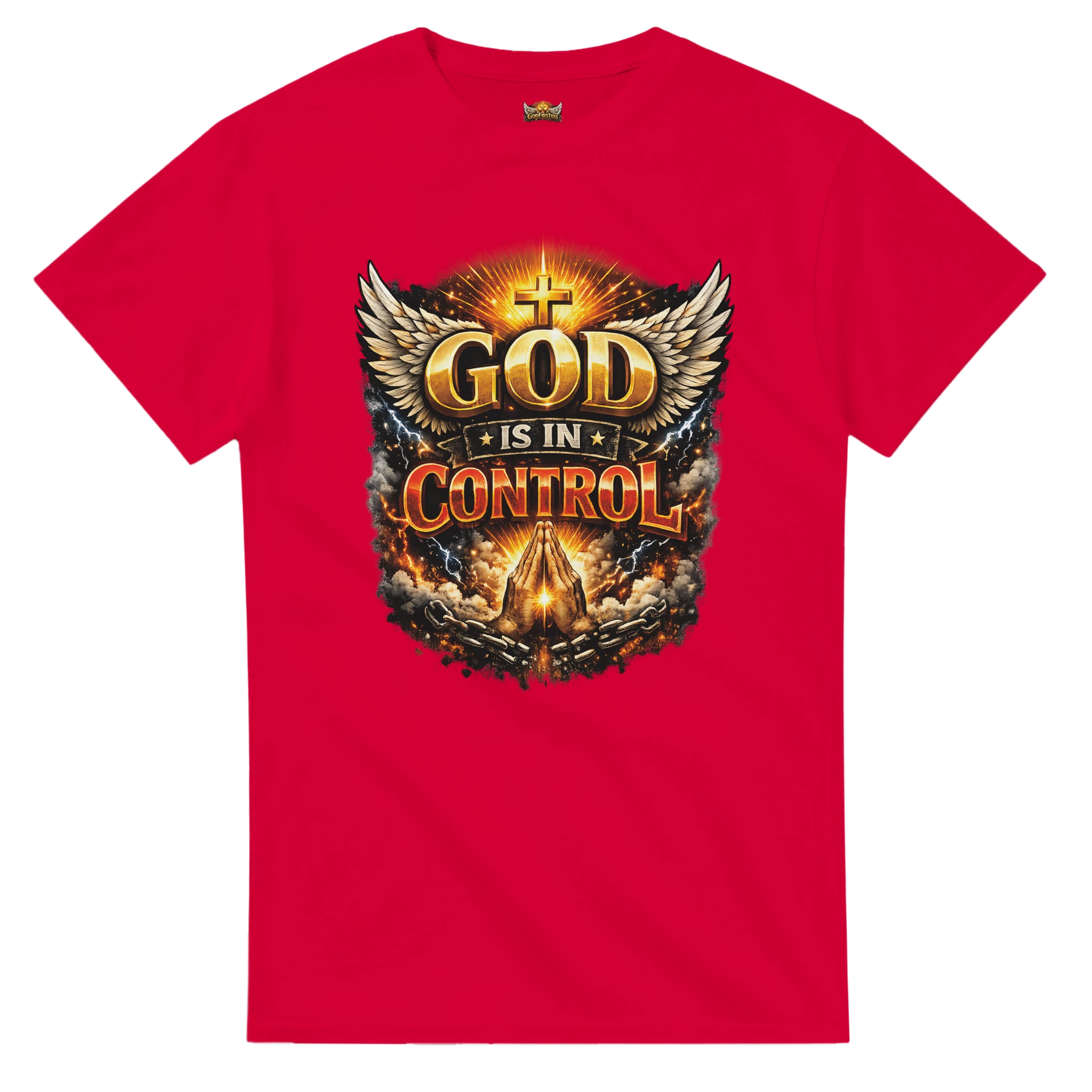 Red t-shirt with 'God is in Control' graphic design on a white background