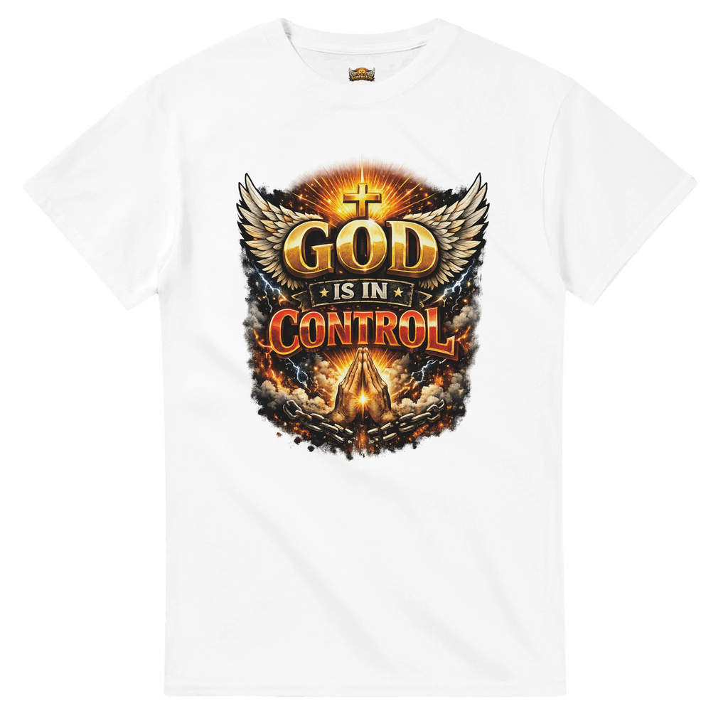 White t-shirt with 'God is in Control' graphic design on a white background