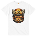 White t-shirt with 'God is in Control' graphic design on a white background