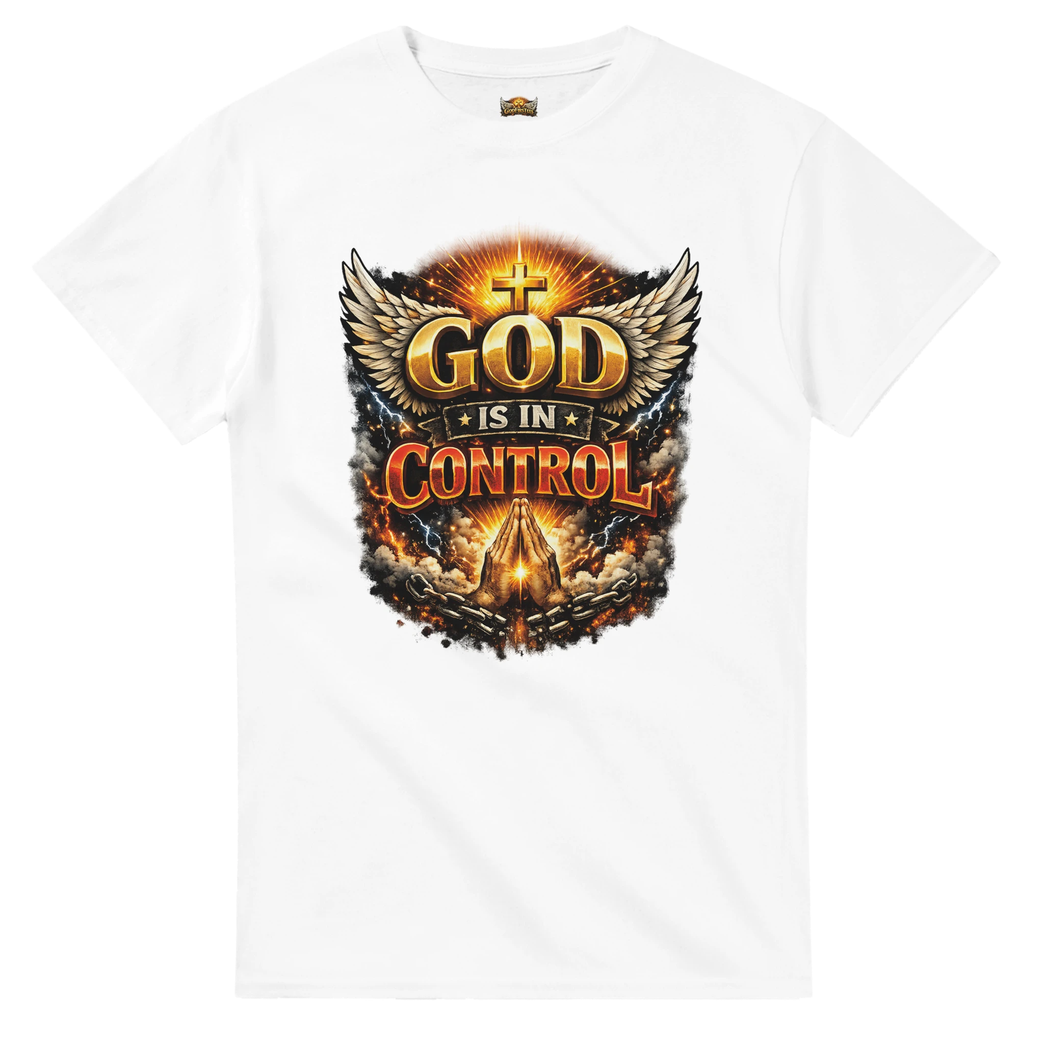 White t-shirt with 'God is in Control' graphic design on a white background