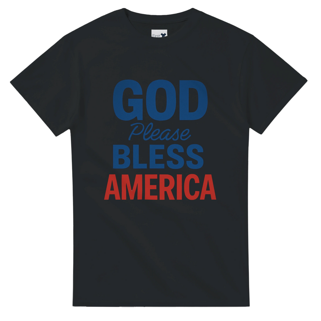 Black t-shirt with 'GOD Please BLESS AMERICA' text in blue and red on a white background