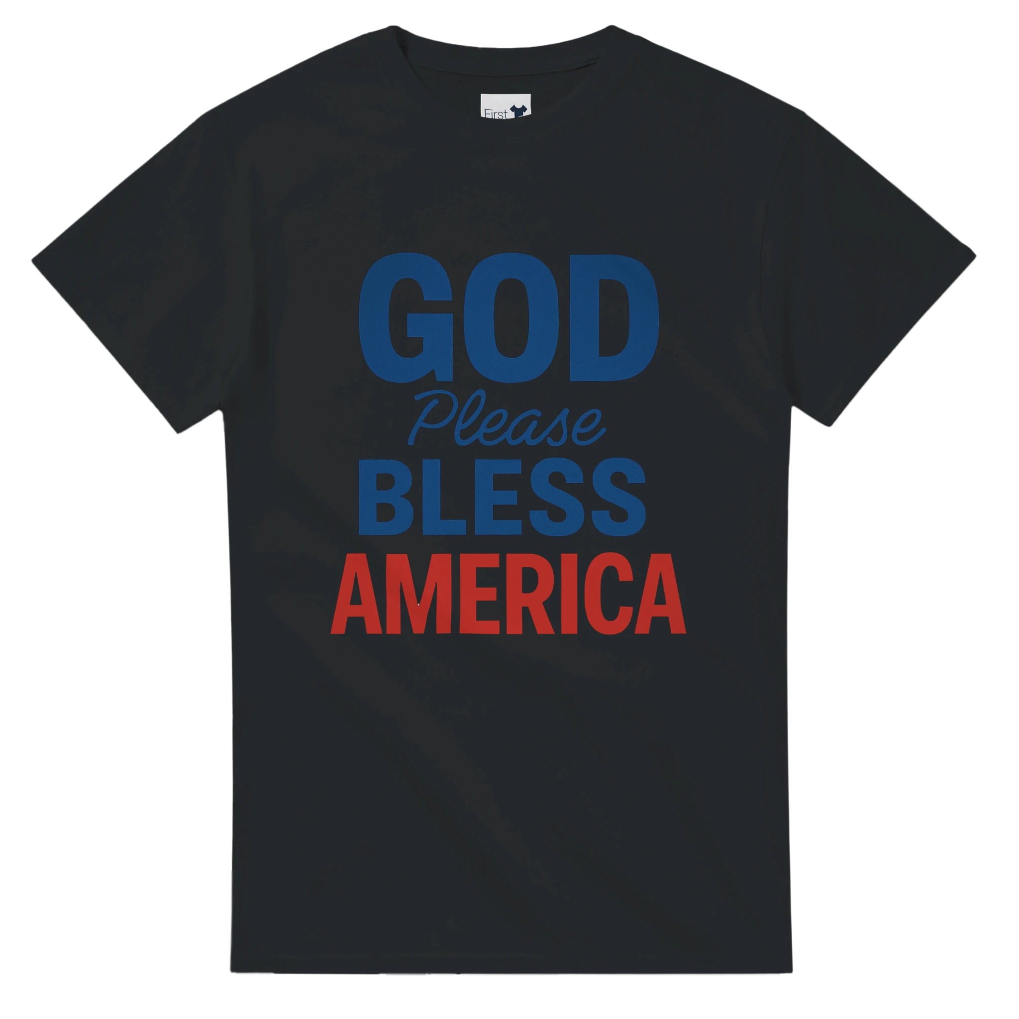 Black t-shirt with 'GOD Please BLESS AMERICA' text in blue and red on a white background