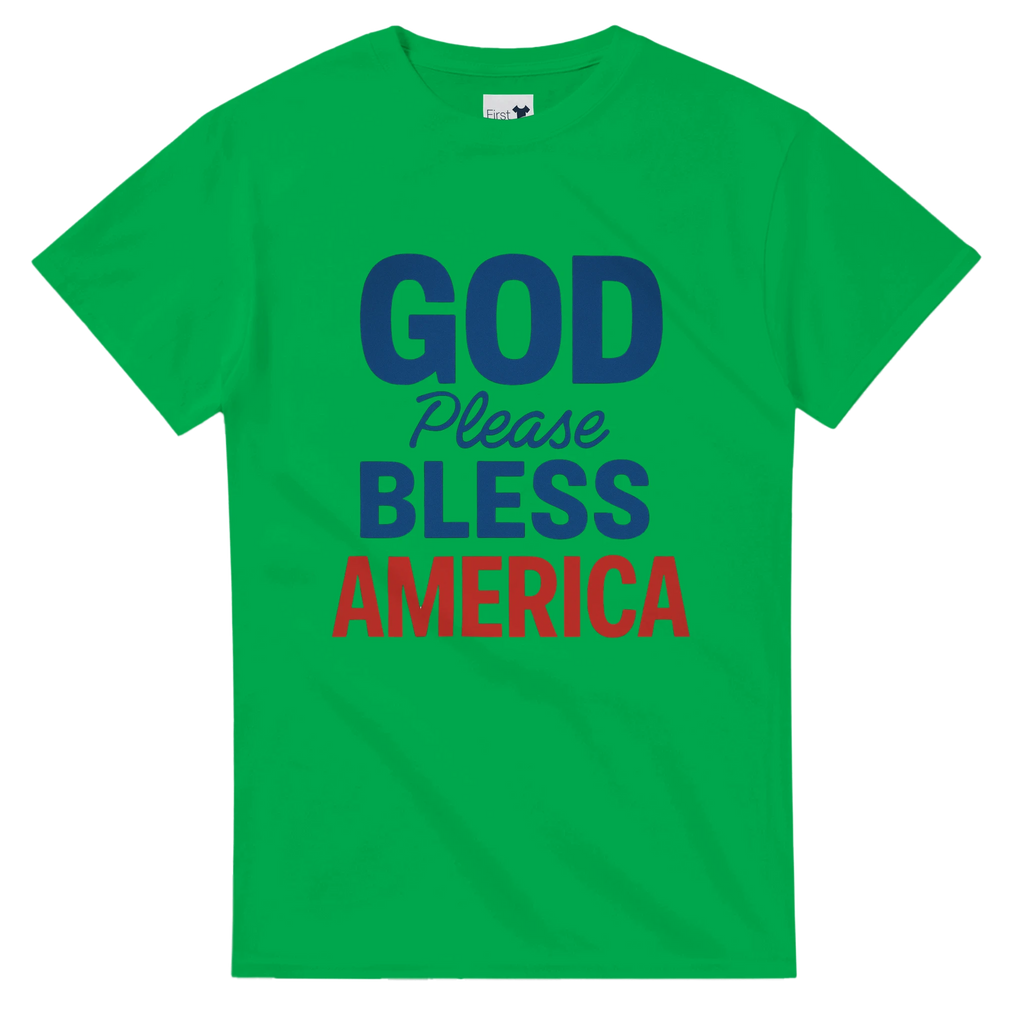 Green t-shirt with 'GOD Please BLESS AMERICA' text in blue and red on a white background
