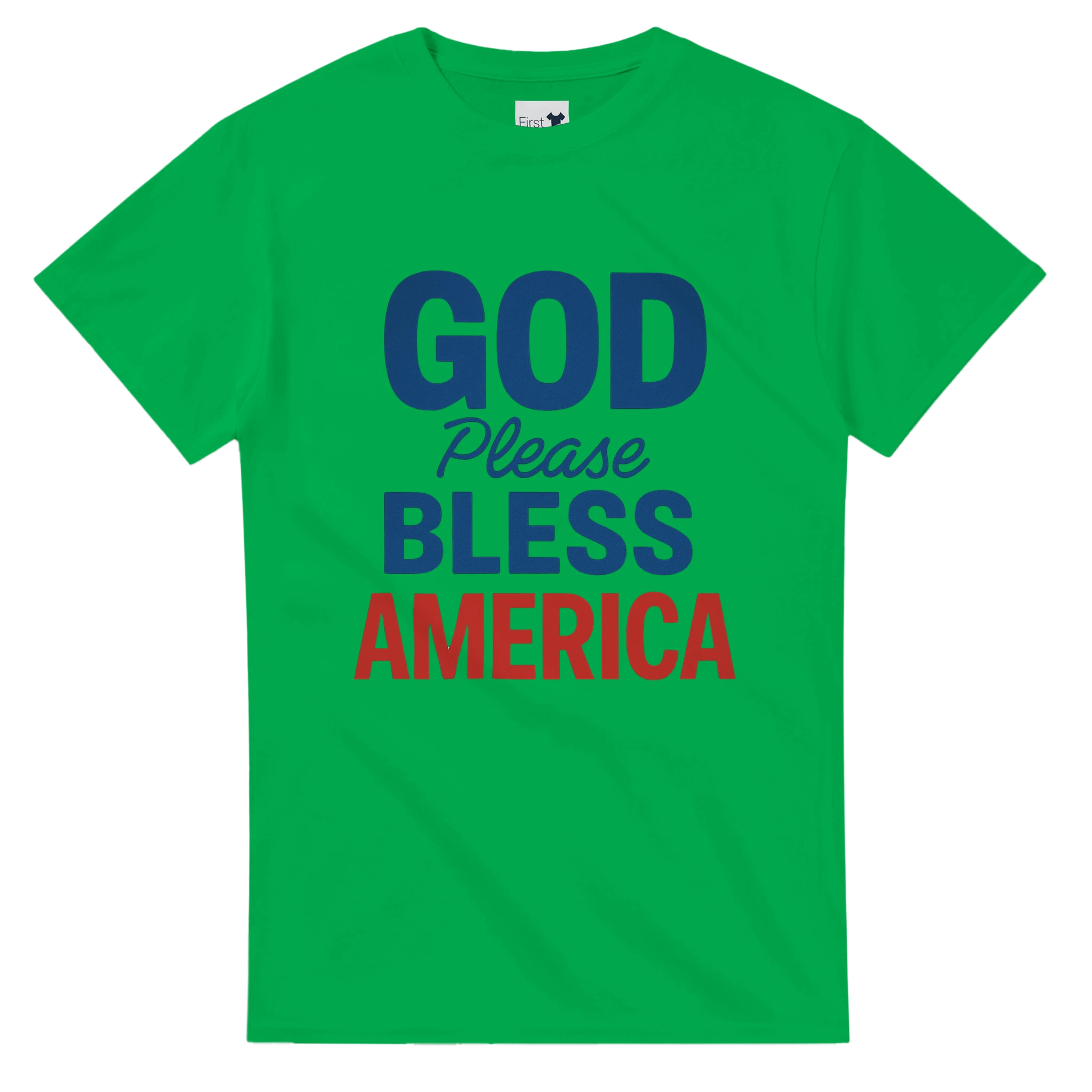 Green t-shirt with 'GOD Please BLESS AMERICA' text in blue and red on a white background