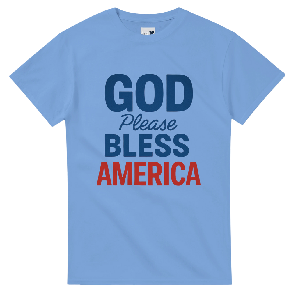 Light blue t-shirt with 'God Please Bless America' text in blue and red on a white background