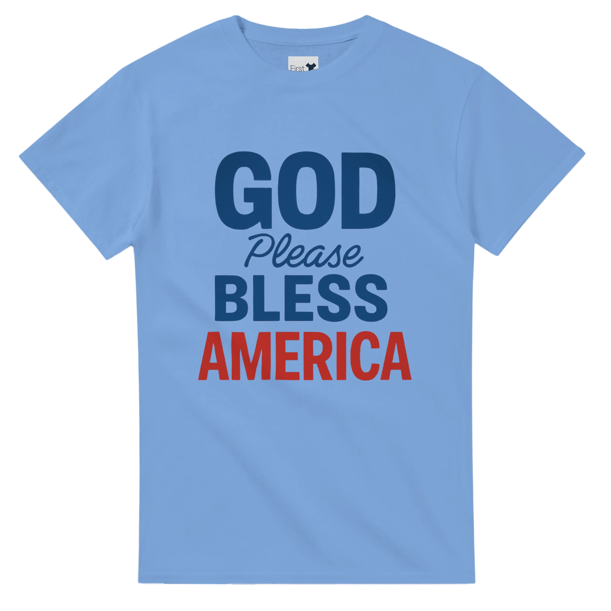 Light blue t-shirt with 'God Please Bless America' text in blue and red on a white background