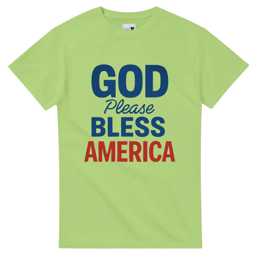 Green t-shirt with 'God Please Bless America' text in blue and red on a white background