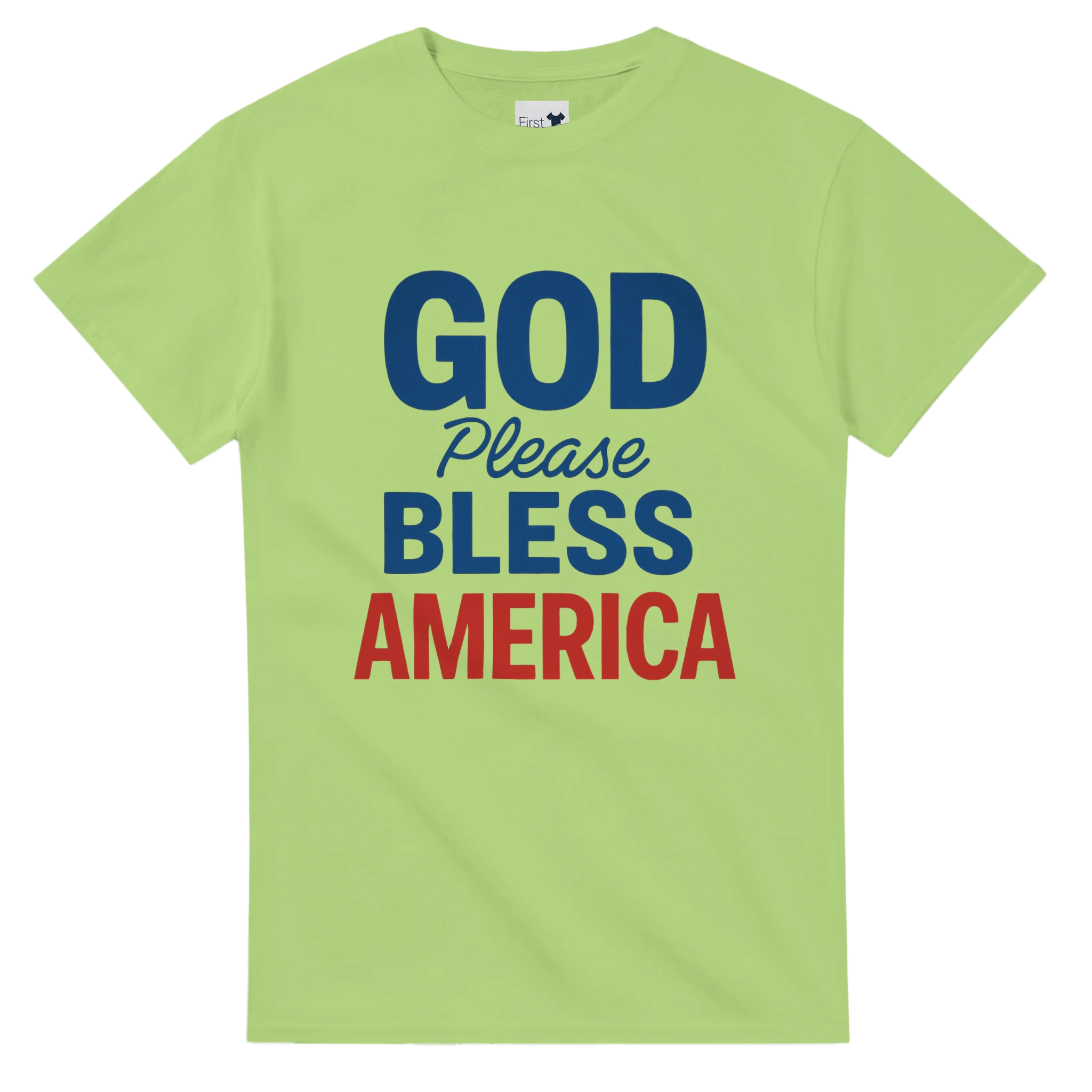 Green t-shirt with 'God Please Bless America' text in blue and red on a white background