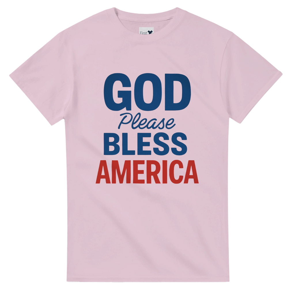 Pink t-shirt with 'God Please Bless America' text in blue and red on a white background