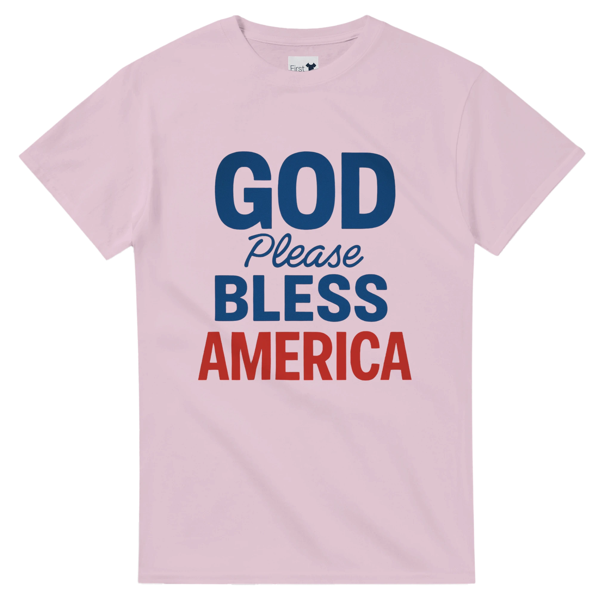 Pink t-shirt with 'God Please Bless America' text in blue and red on a white background