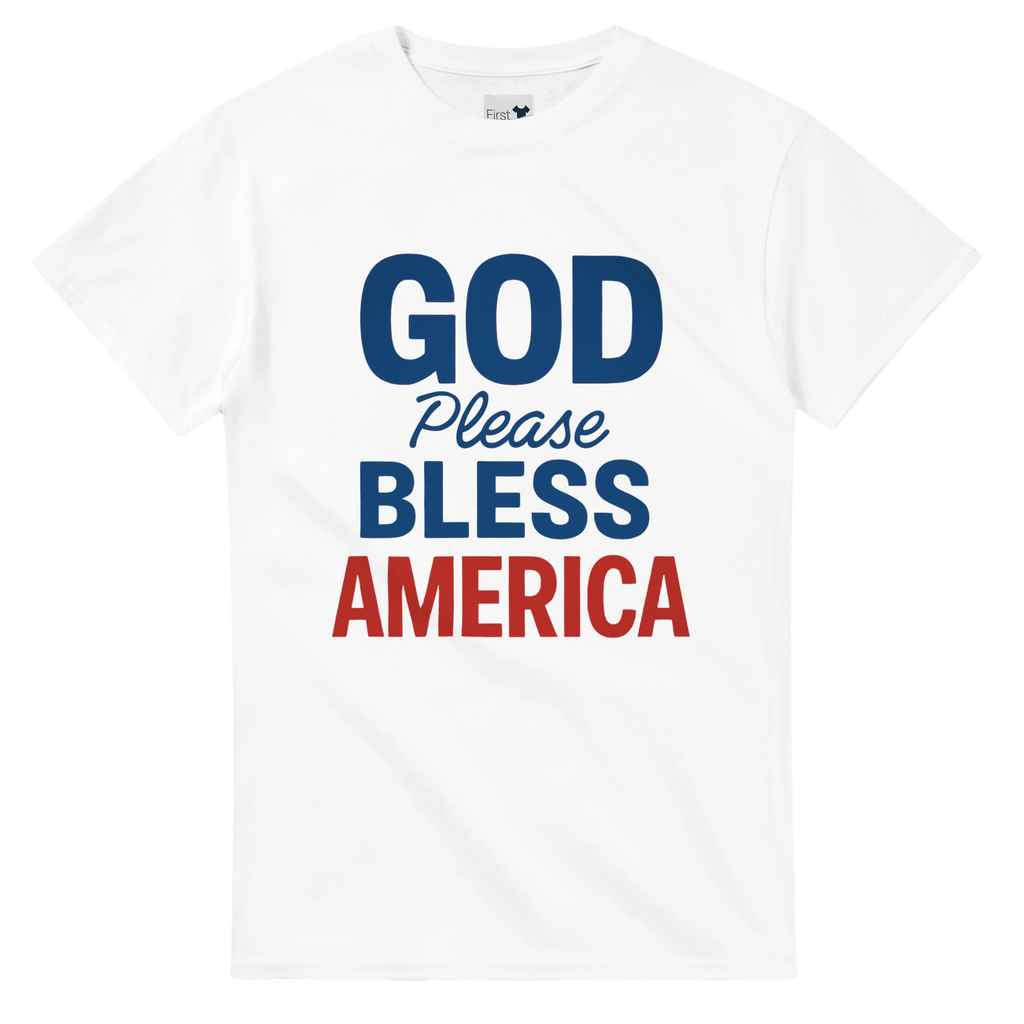 White t-shirt with 'GOD Please BLESS AMERICA' text in blue and red on a white background