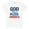 White t-shirt with 'GOD Please BLESS AMERICA' text in blue and red on a white background