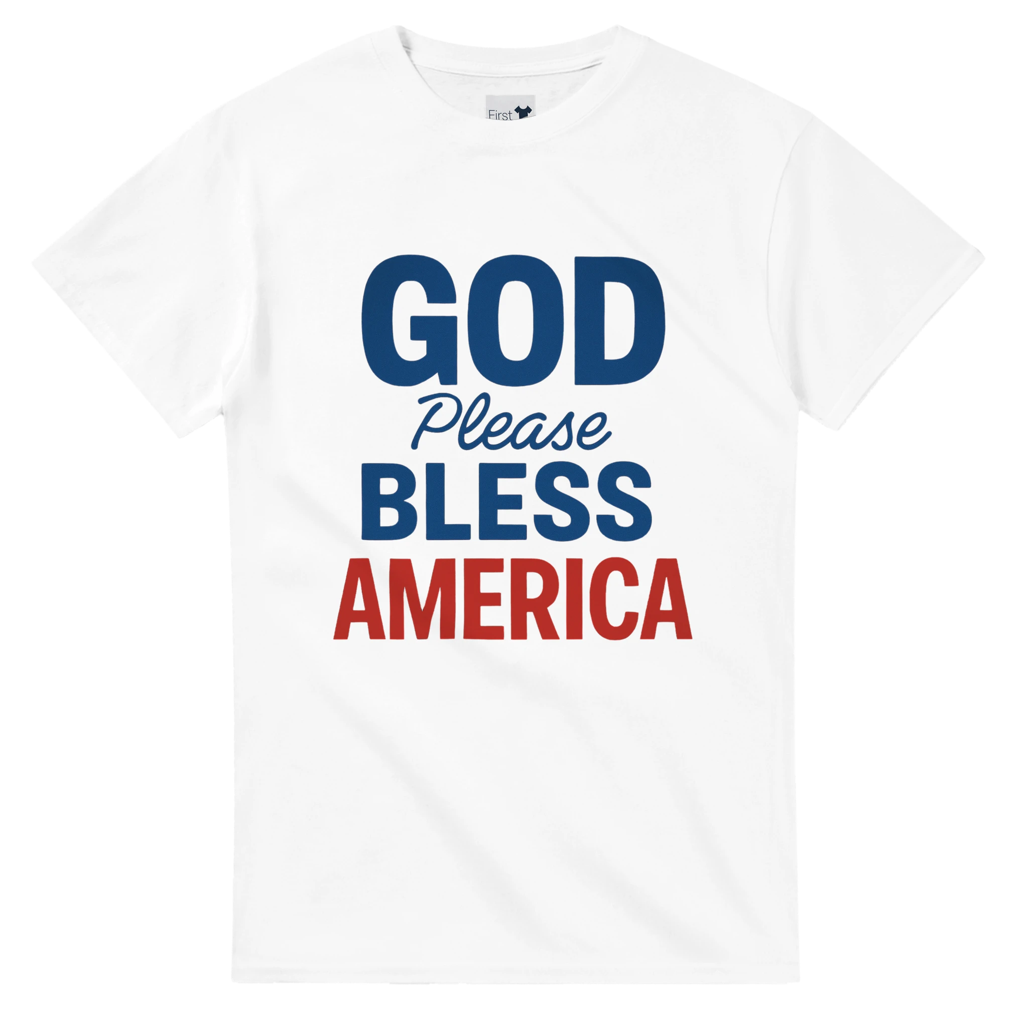 White t-shirt with 'GOD Please BLESS AMERICA' text in blue and red on a white background