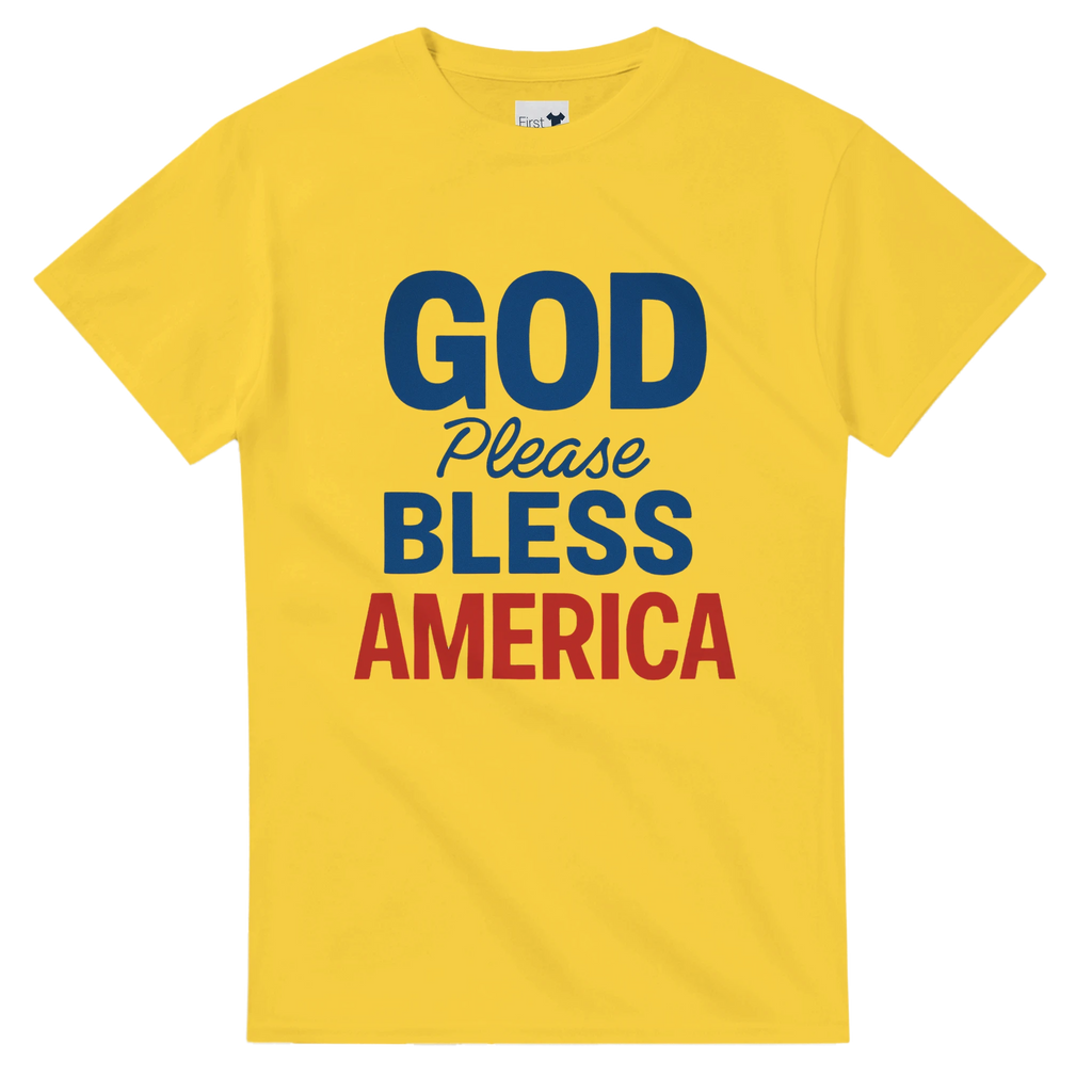 Yellow t-shirt with 'GOD Please BLESS AMERICA' text in blue and red on a white background