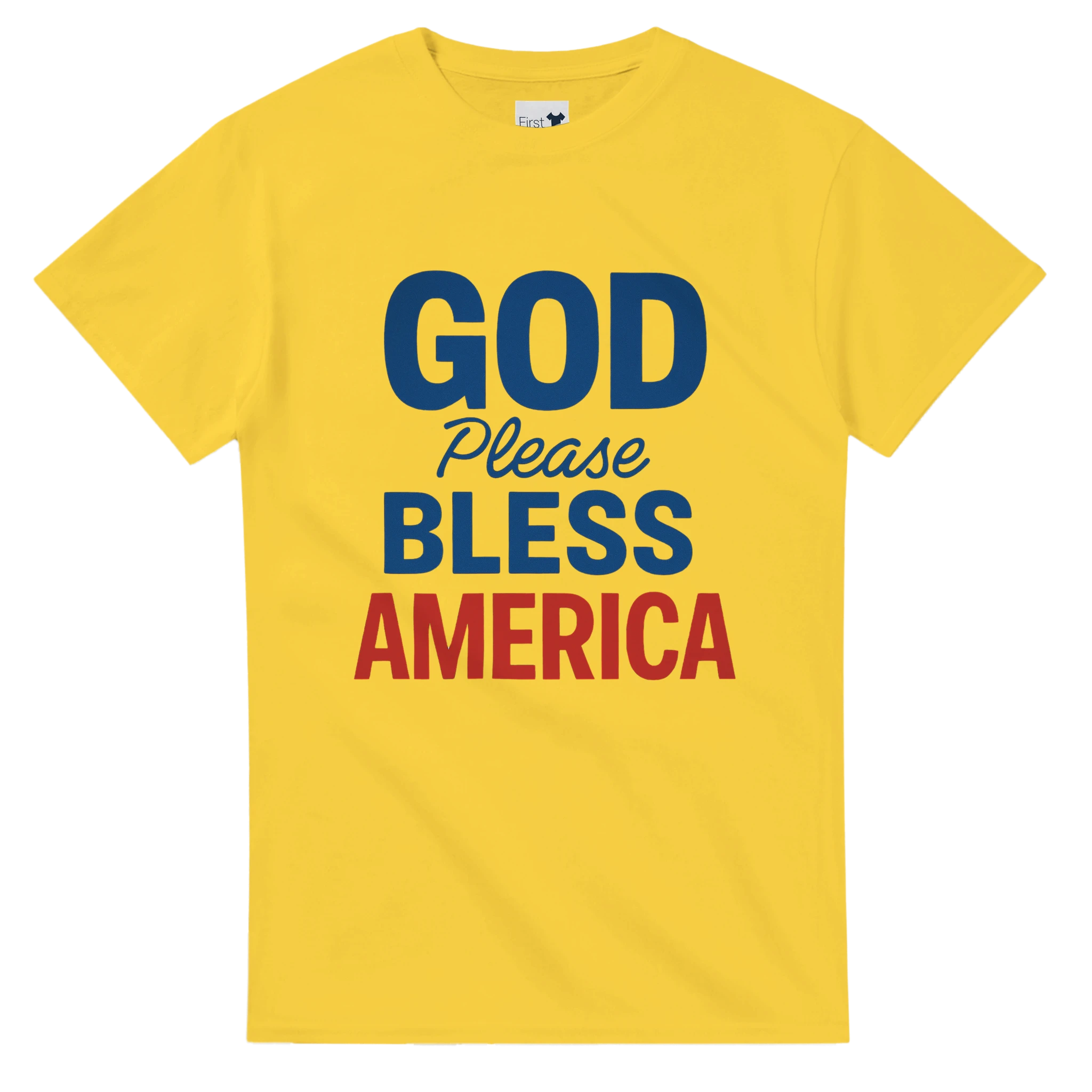 Yellow t-shirt with 'GOD Please BLESS AMERICA' text in blue and red on a white background