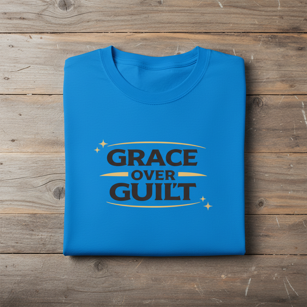 Folded blue t-shirt with 'Grace Over Guilt' text on a wooden surface