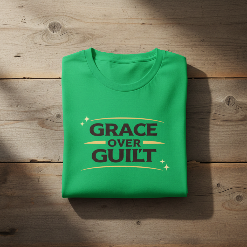 Green t-shirt with 'Grace Over Guilt' text on a wooden surface