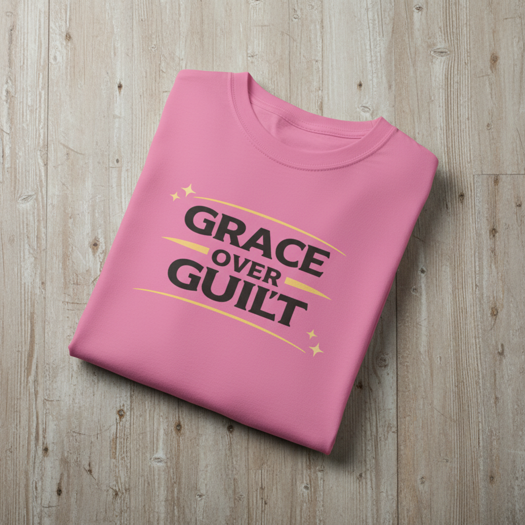 Folded pink t-shirt with 'Grace Over Guilt' text on a wooden surface