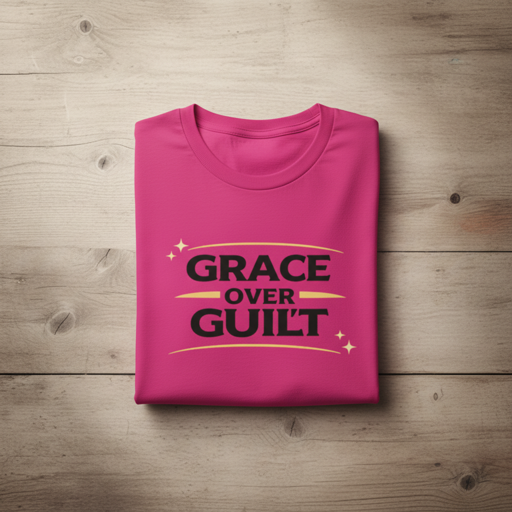 Folded pink t-shirt with 'Grace Over Guilt' text on a wooden surface