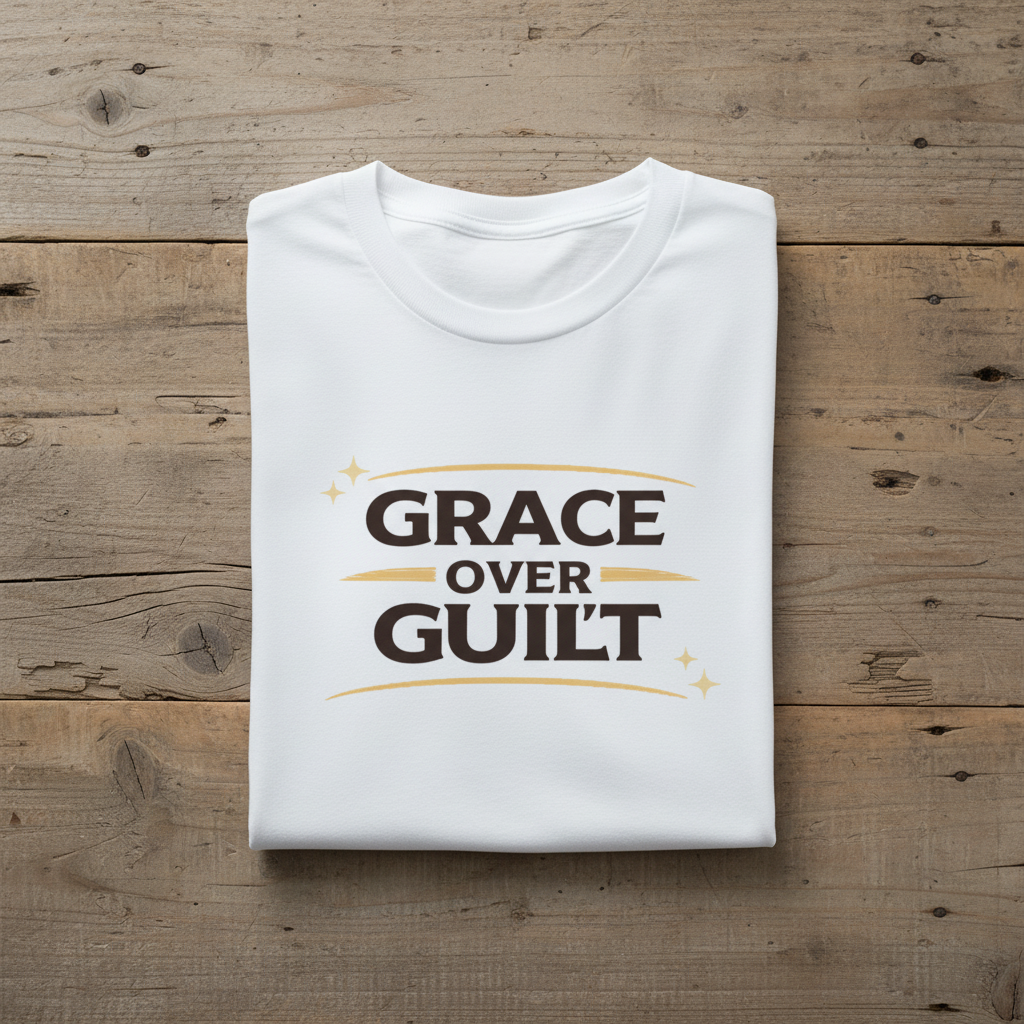 Folded white t-shirt with 'Grace Over Guilt' text on a wooden surface