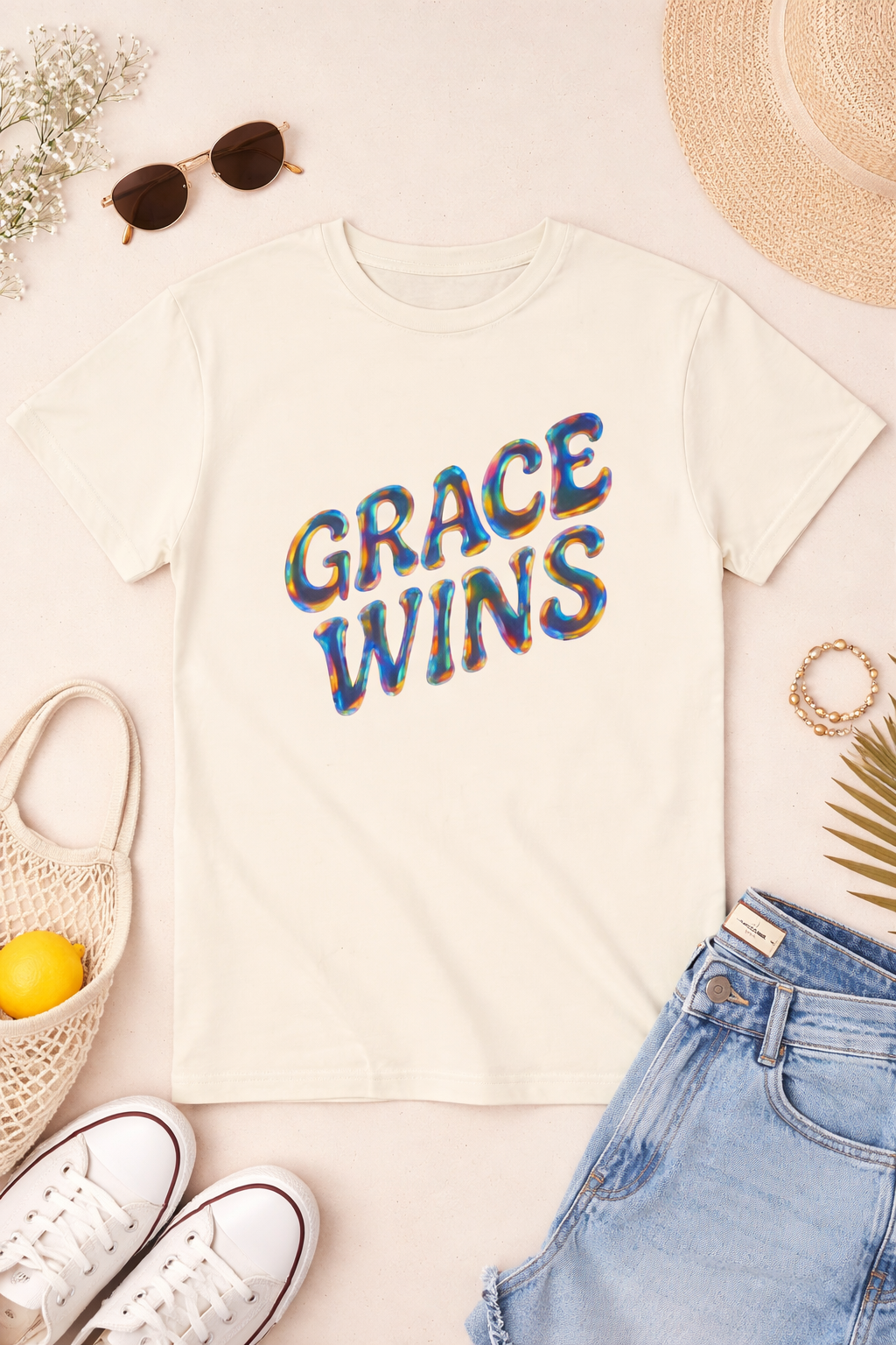 T-shirt with 'GRACE WINS' text on a white surface with accessories like sunglasses, bag, and shoes.