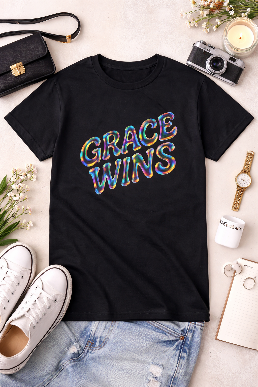 Black t-shirt with 'GRACE WINS' text on a light surface with accessories around