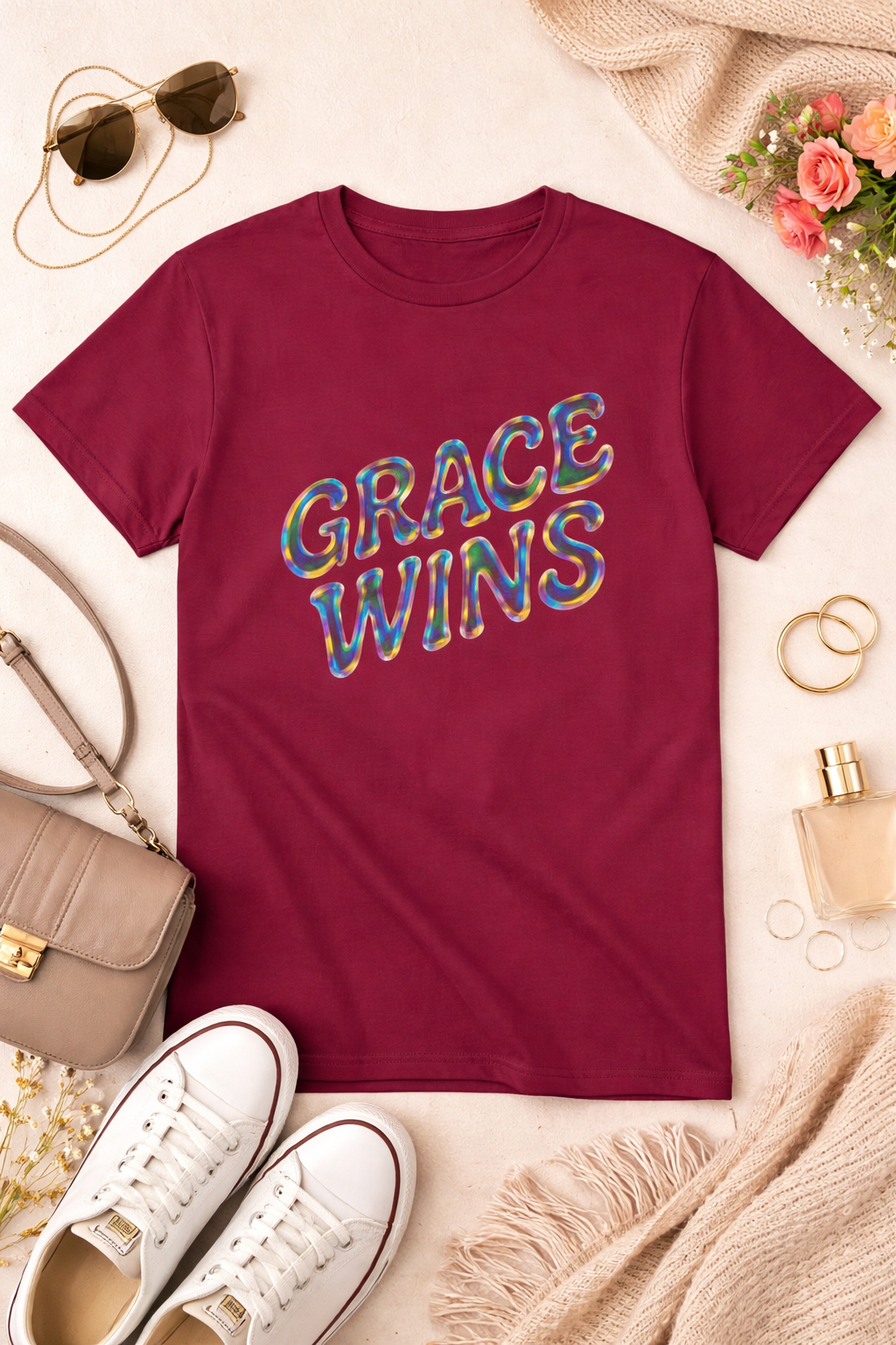 Maroon t-shirt with 'GRACE WINS' text on a light surface with accessories.