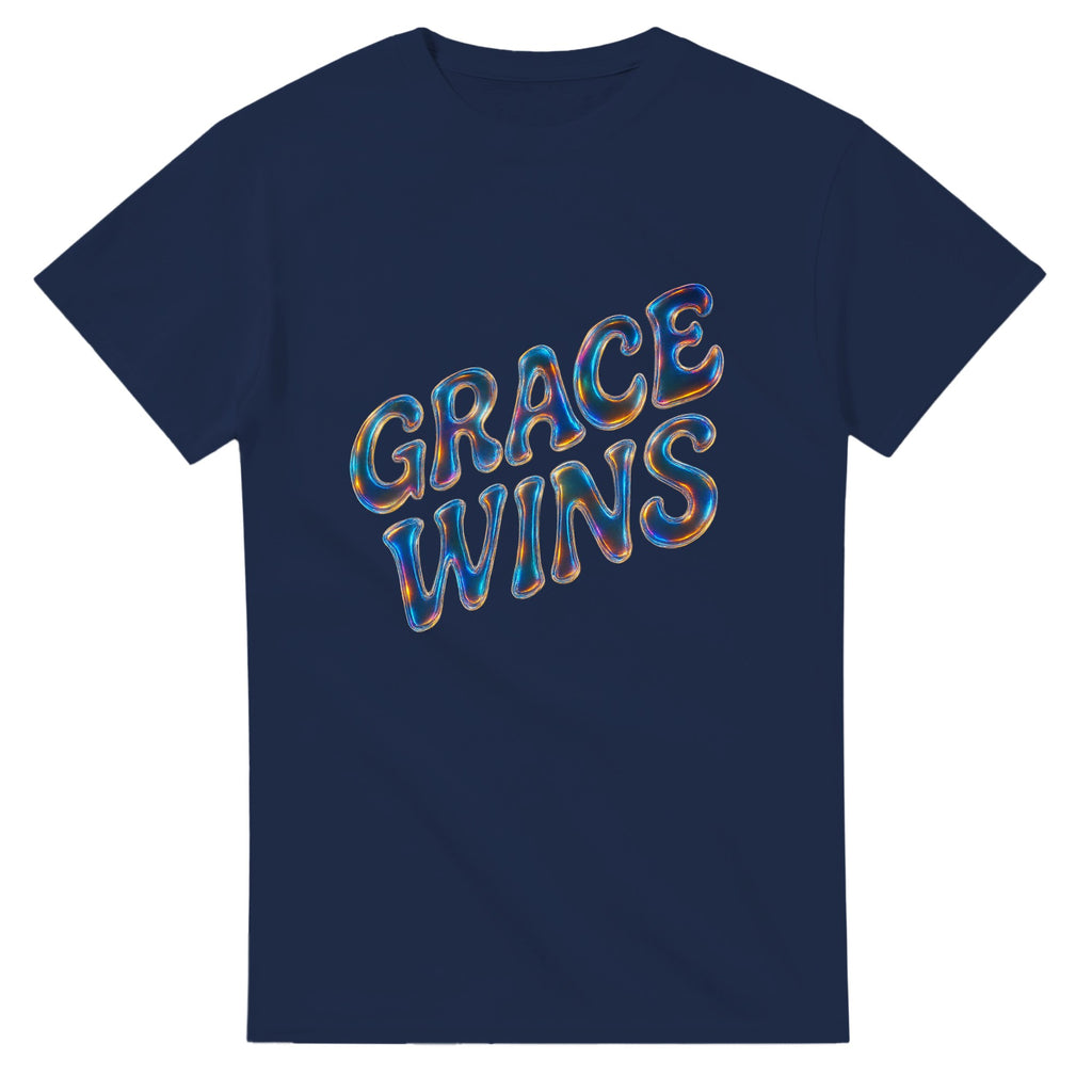 Navy blue t-shirt with 'GRACE WINS' text in colorful letters on a white background