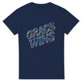 Navy blue t-shirt with 'GRACE WINS' text in colorful letters on a white background
