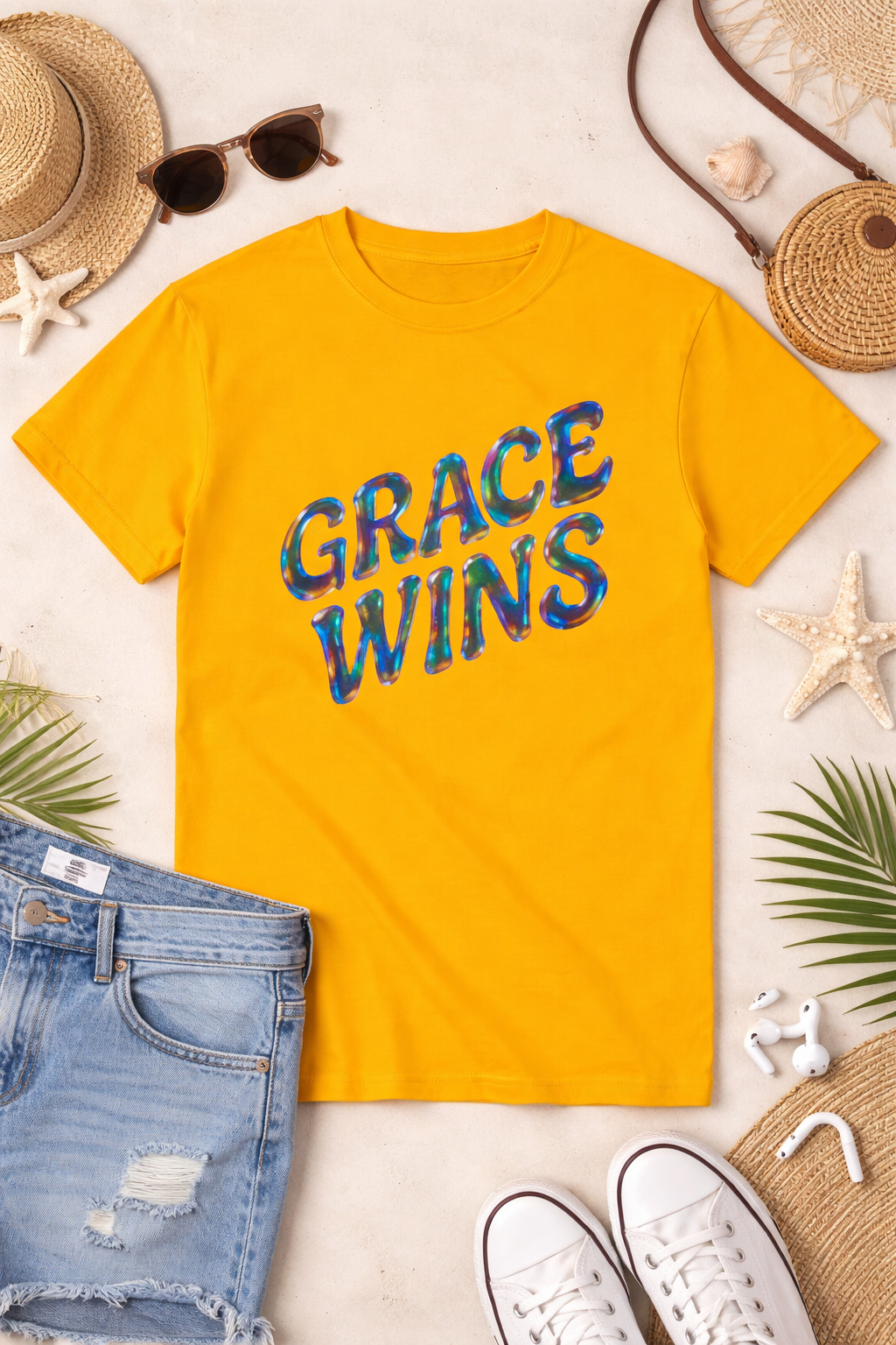 Yellow t-shirt with 'GRACE WINS' text, surrounded by beach accessories on a light background