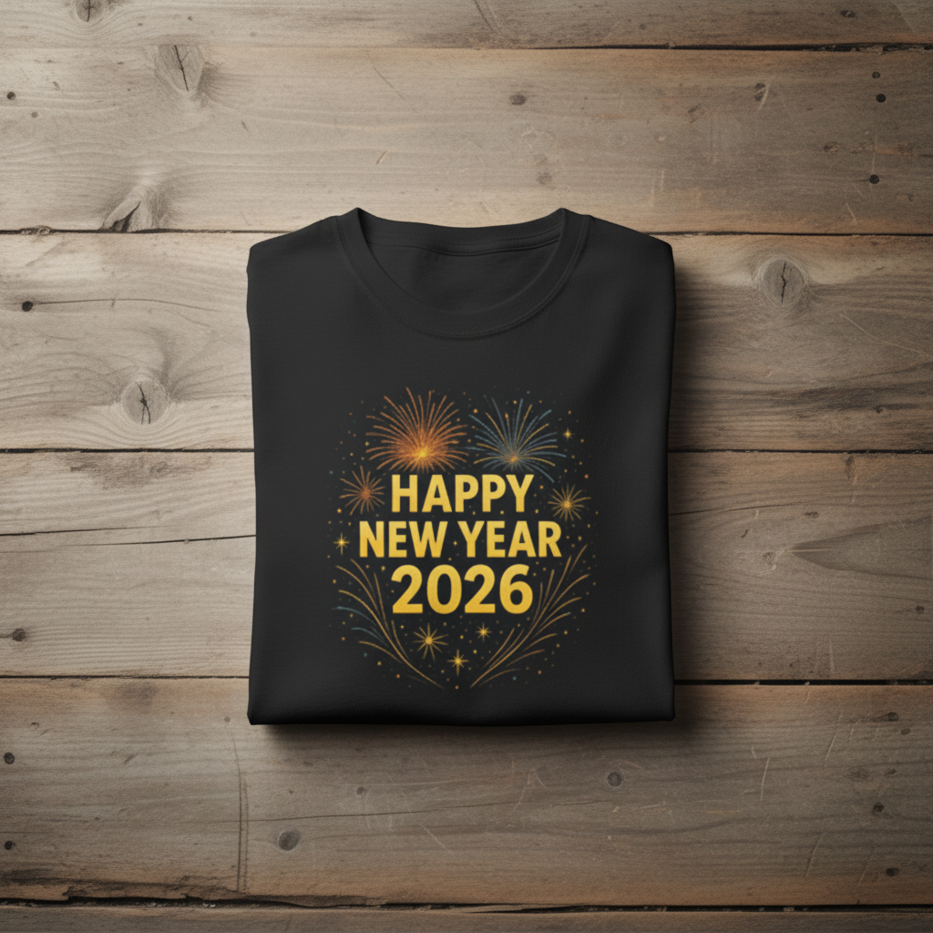 Black sweatshirt with 'Happy New Year 2026' text on a wooden surface