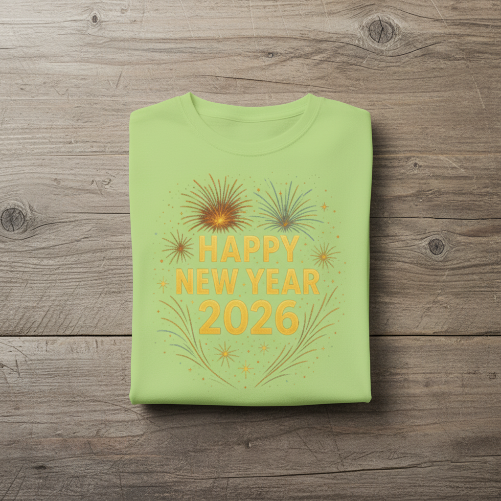 Green t-shirt with 'Happy New Year 2026' text and fireworks design on a wooden surface