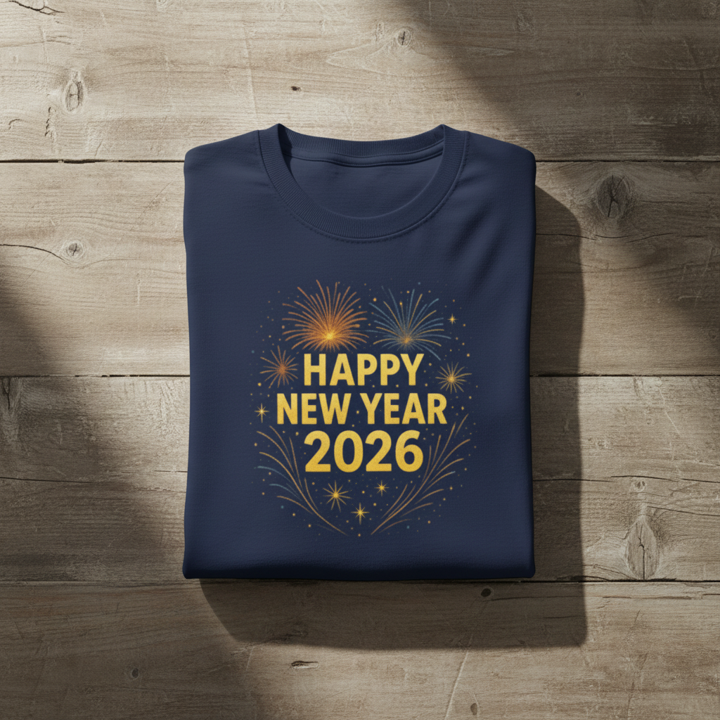 Folded navy blue shirt with 'Happy New Year 2026' text and fireworks design on a wooden surface