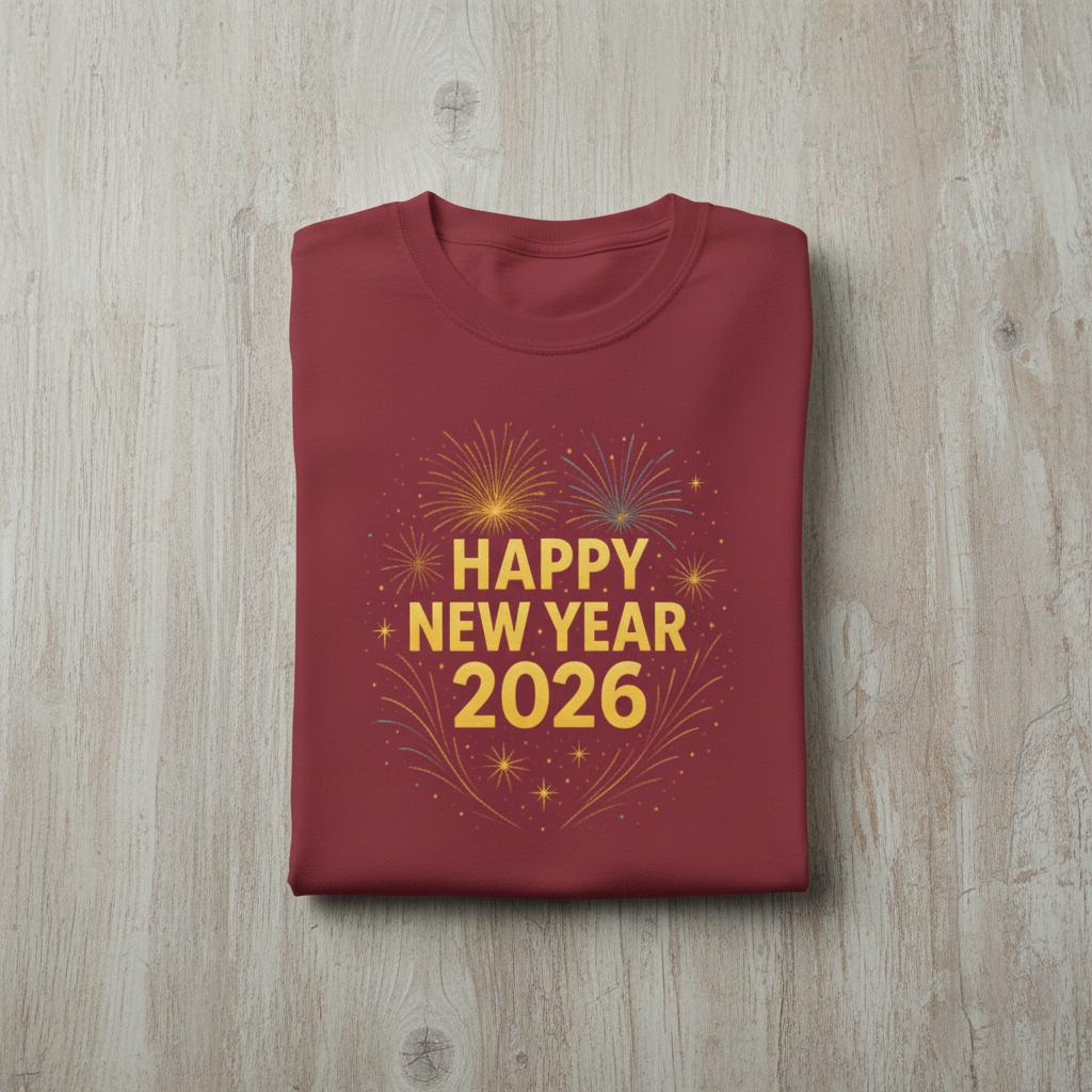 Folded red sweatshirt with 'Happy New Year 2026' text on a wooden surface