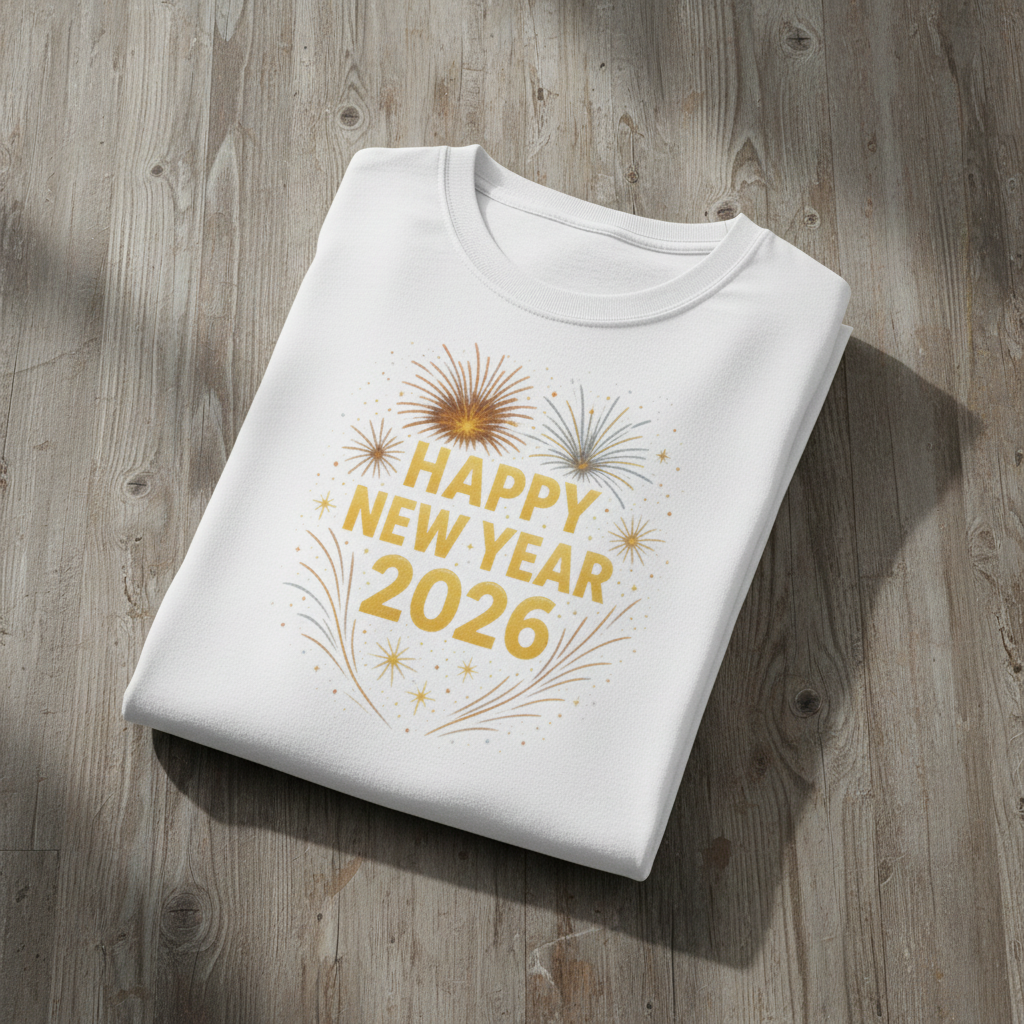 Folded white t-shirt with 'Happy New Year 2026' text on a wooden surface