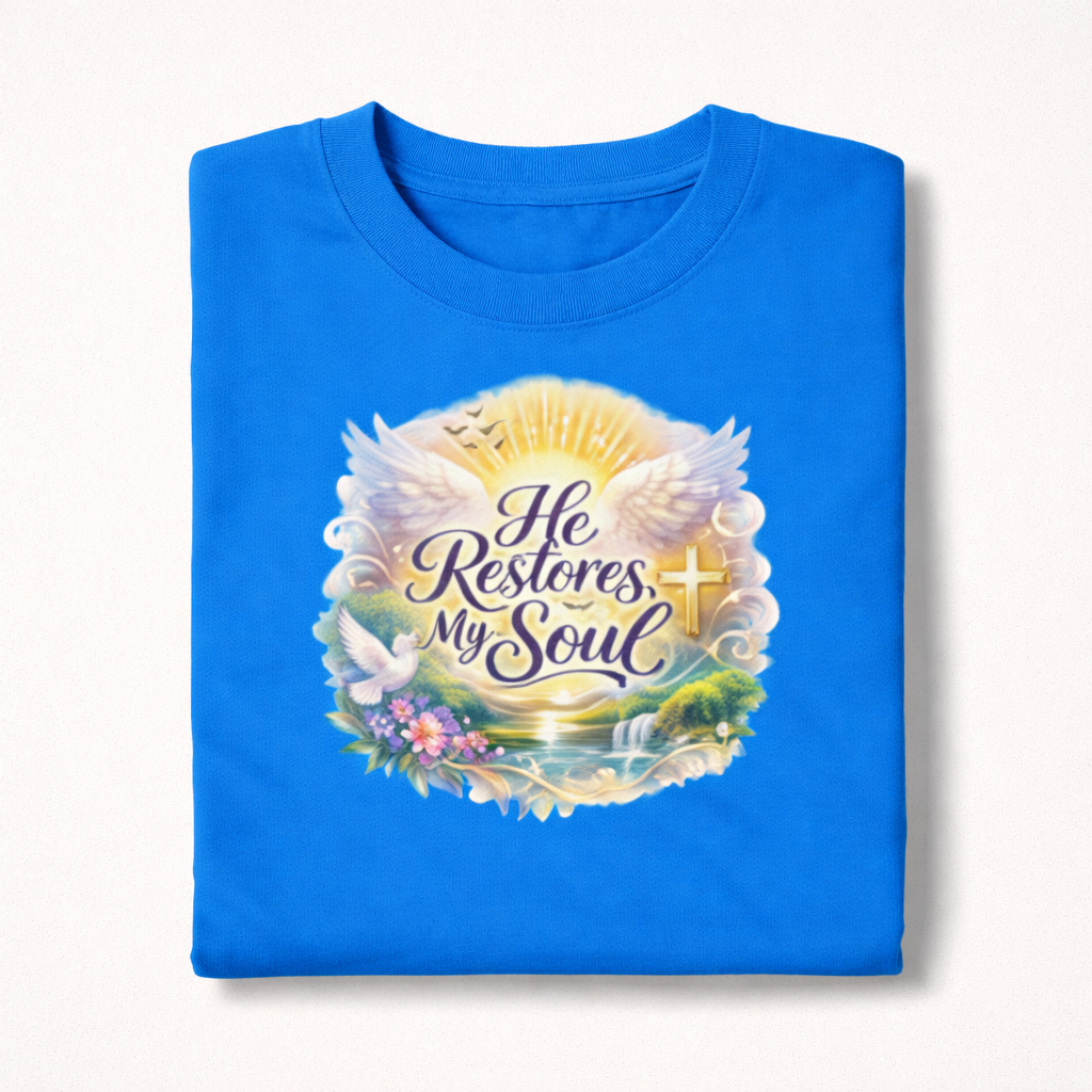 Blue t-shirt with a graphic design and text 'He Restores My Soul' on a white background