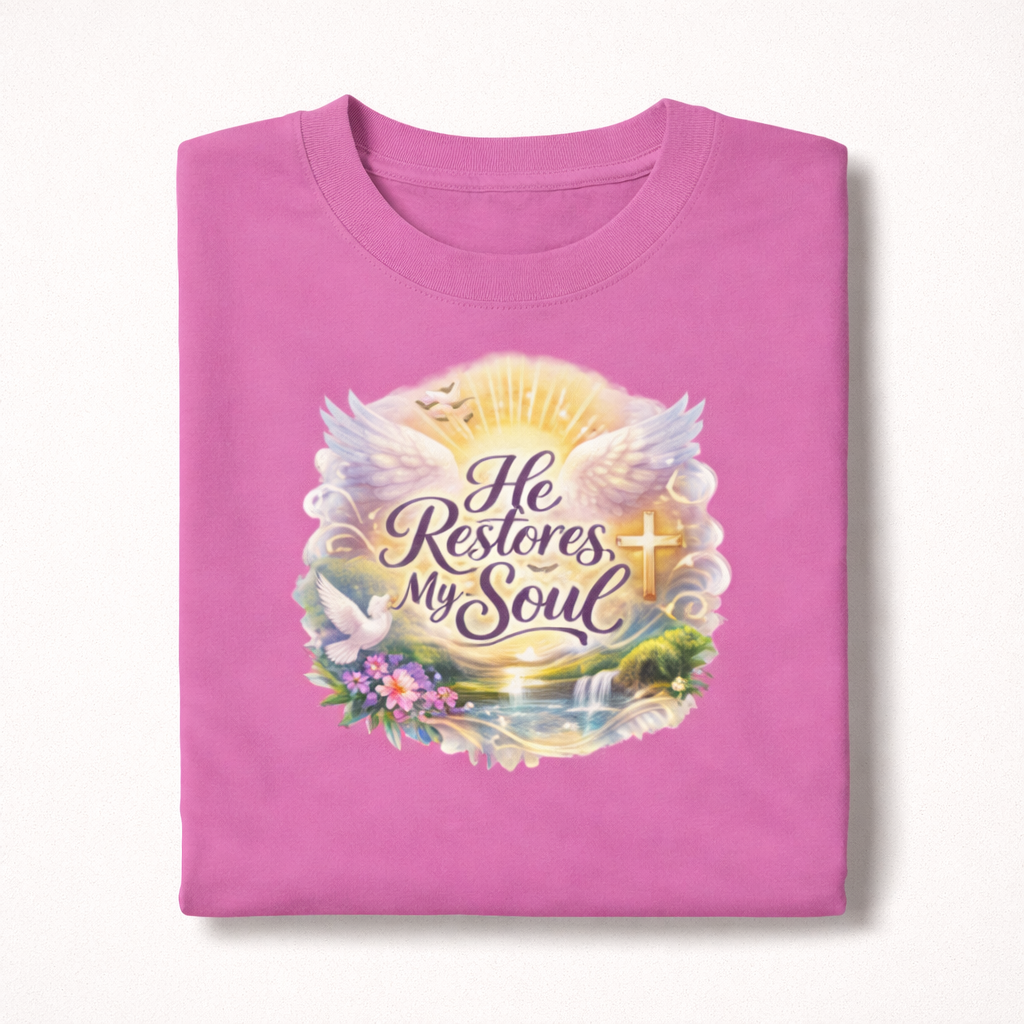 Folded pink t-shirt with a religious design and text on a white background