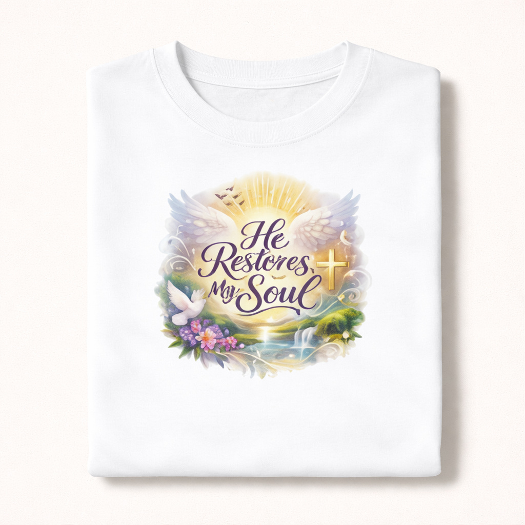 White t-shirt with a colorful graphic and text 'He Restores My Soul' on a white background