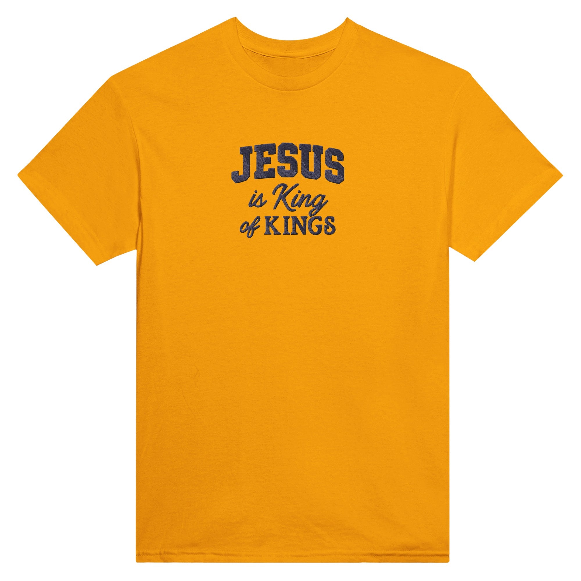 Yellow t-shirt with 'Jesus is King of Kings' text on a white background