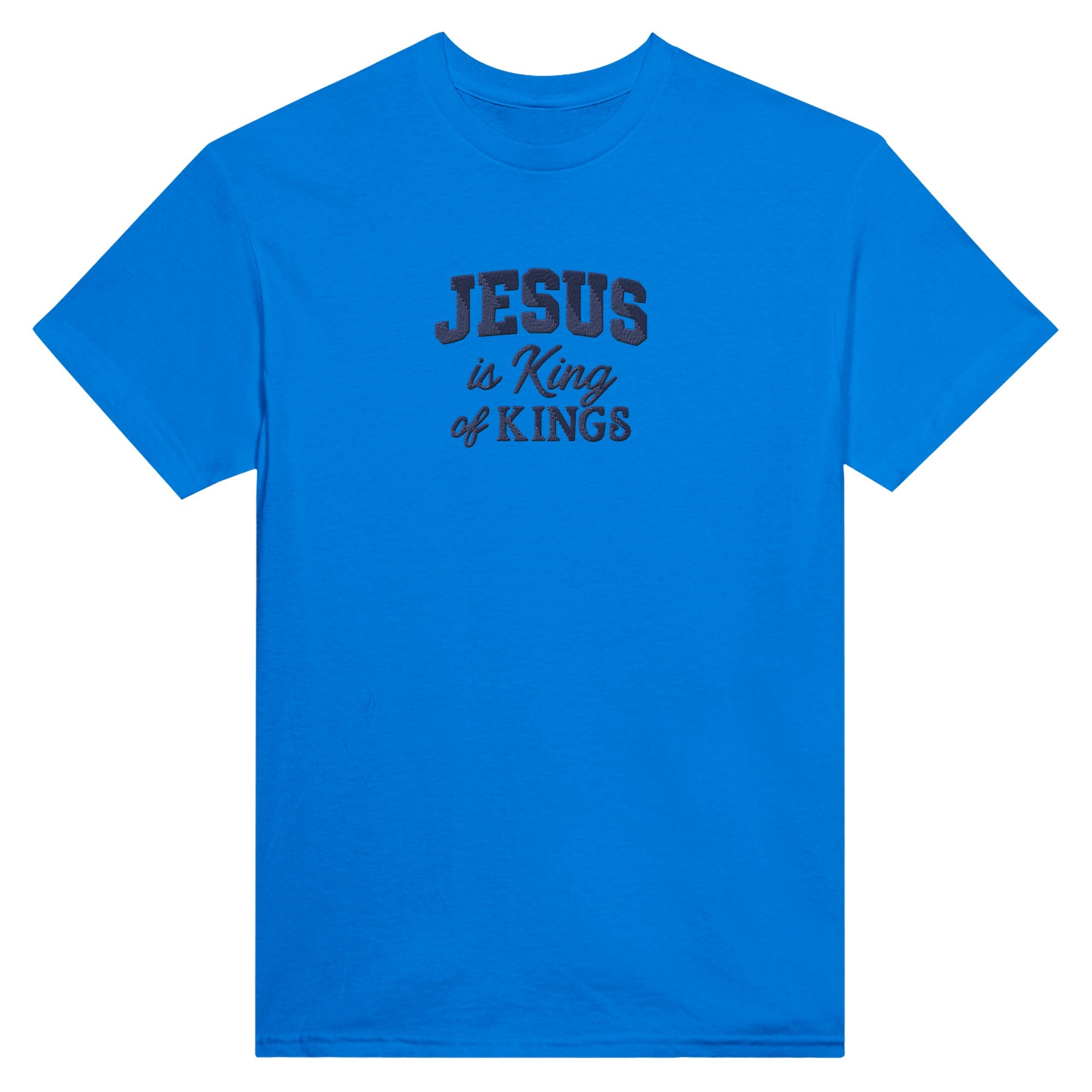 Blue t-shirt with 'Jesus is King of Kings' text on a white background